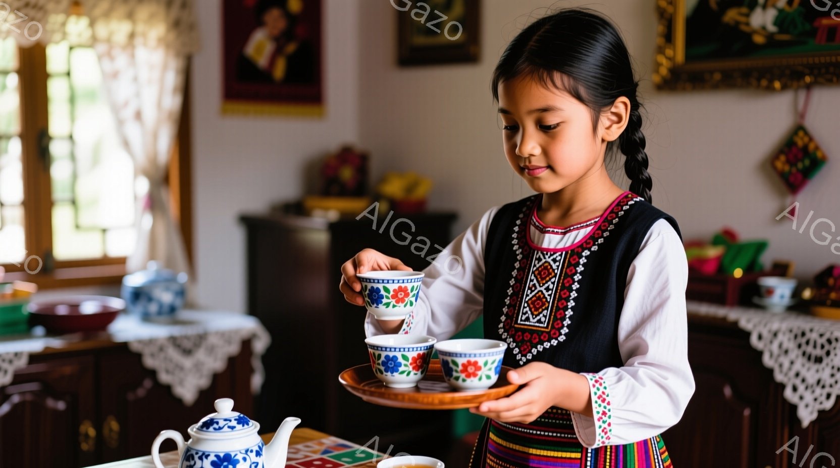 女の子は伝統的な衣装を着て、小さな茶碗を乗せたトレイを持って立っています。彼女は黒い髪を三つ編みにし、茶碗をじっと見つめており、真剣な表情を浮かべています。背景には装飾品や家具が見え、室内は暖かく、落ち着いた雰囲気が漂っています。
