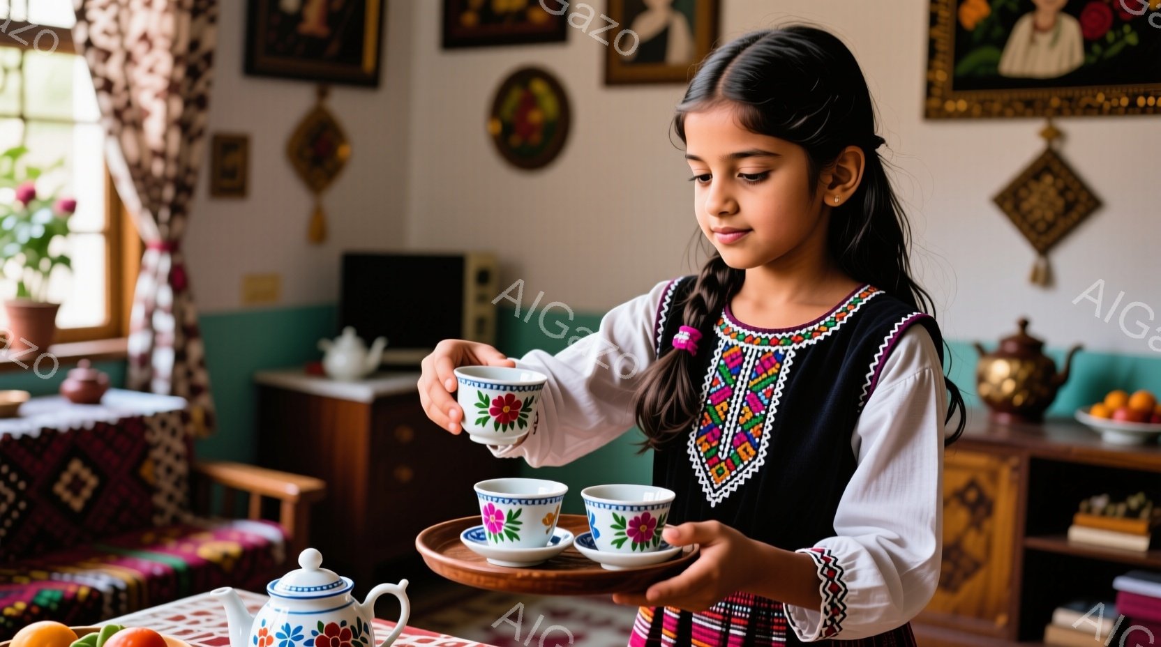 小さな女の子が、手作りの陶器製のティーカップを載せた木製の盆を慎重に持っています。彼女は黒い刺繍の装飾が施されたベストと白い長袖シャツを着ており、髪は二つの三つ編みに結ばれています。背景には民族的な模様の壁掛けや、色とりどりの花が飾られた窓があり、温かく、家庭的な雰囲気が漂っています。