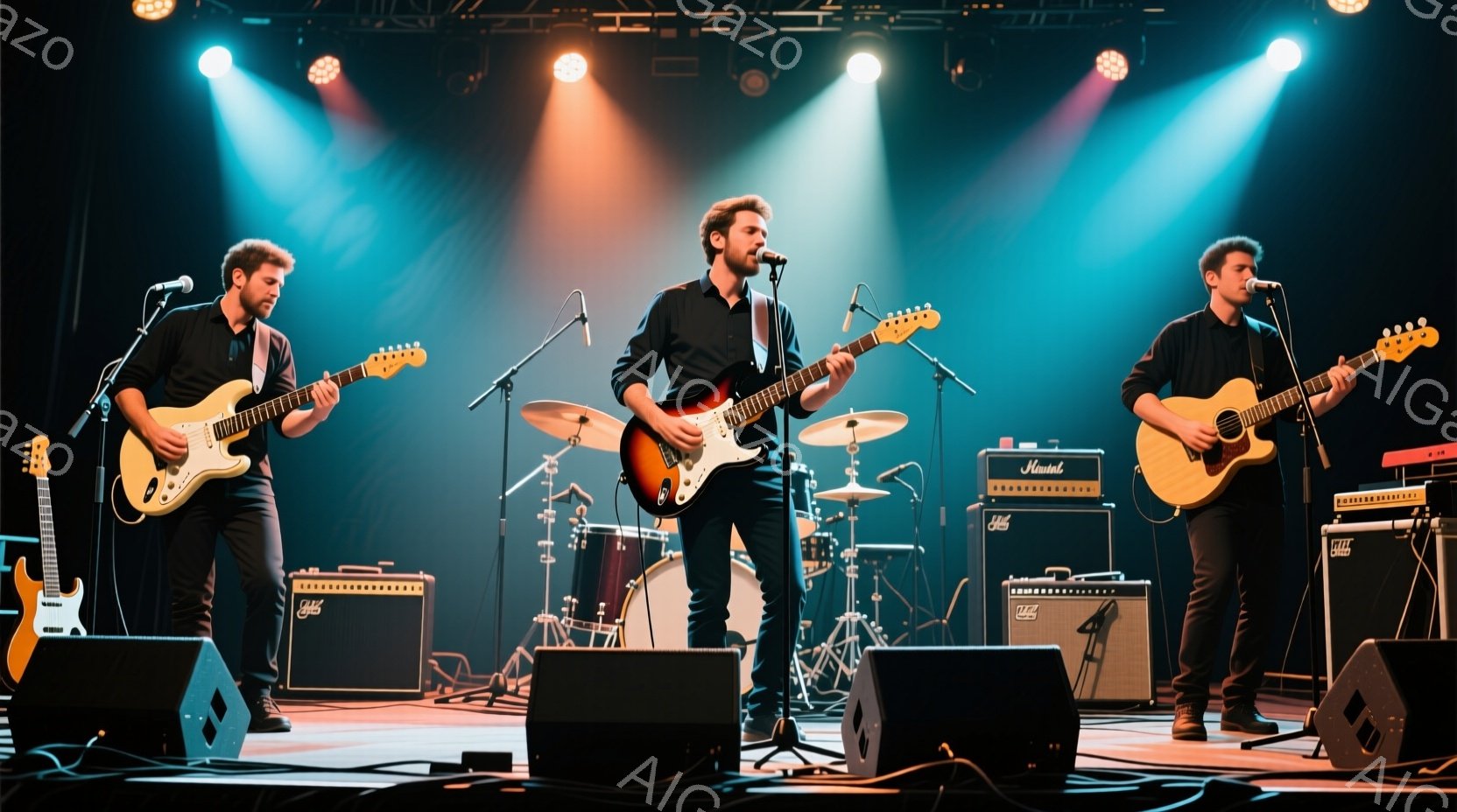 ３人の男性がステージ上で楽器を演奏している様子が写っている。彼らはそれぞれギターやキーボードを手に持ち、カジュアルな服装で、集中した表情で演奏に臨んでいる。背景にはドラムセットやスピーカー、照明が配置され、ライブ会場のような雰囲気である。