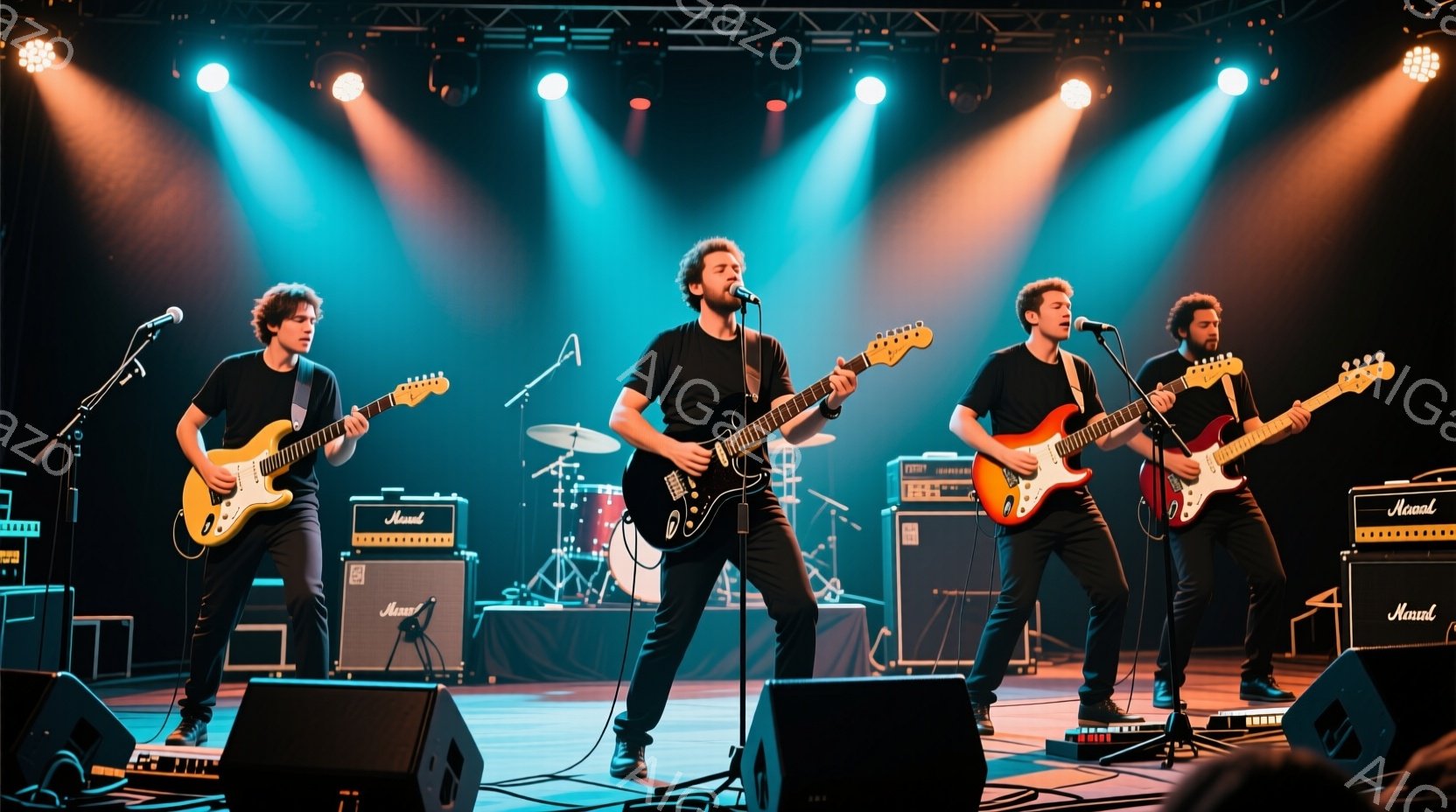 4人の男性がステージ上で演奏している様子が写っている。彼らは全員黒いシャツと黒いズボンを着用し、ギターを手にしている。ステージ上にはスピーカーやアンプが配置され、青と紫の照明が当たっており、ライブパフォーマンスの雰囲気を醸し出している。