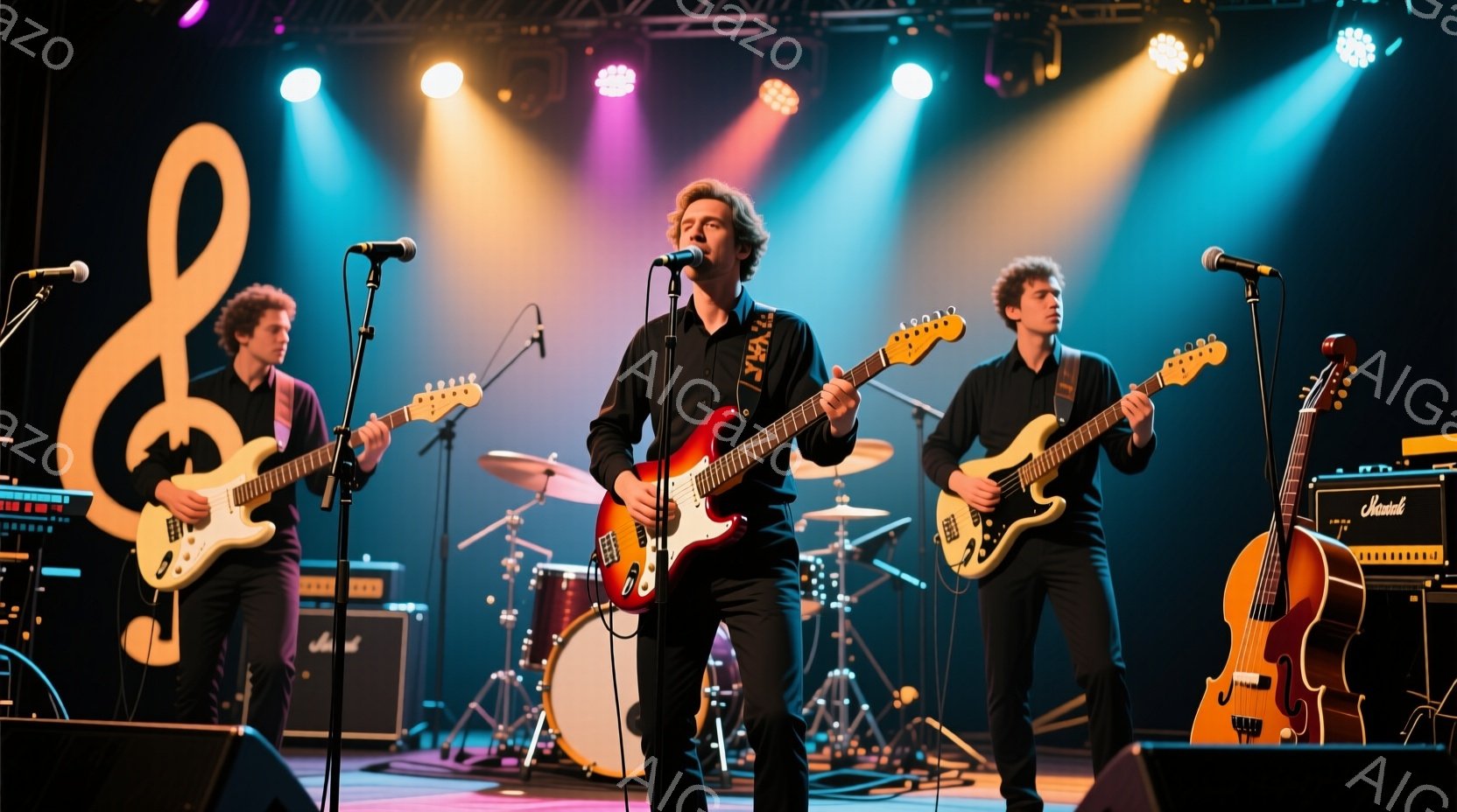 3人の男性がステージ上で楽器を演奏している様子が写っている。それぞれギターやベースを手に持ち、黒いシャツとズボンというシンプルな服装で、髪型は個性的で、集中した表情で演奏に臨んでいる。背景にはドラムセットやアンプ、照明が配置され、ステージ全体が暖色系の光で照らされ、ライブの熱気ある雰囲気が伝わってくる。