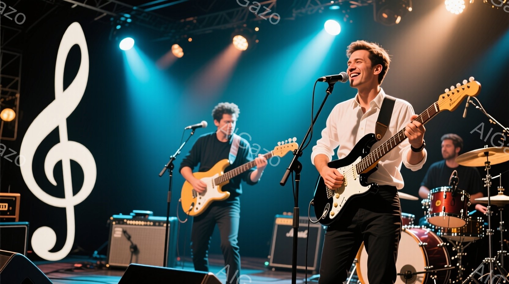 3人の男性がステージで演奏している様子が写っています。手前の男性は白いシャツに黒いズボンを着用し、ギターを演奏しながら歌っています。背景にはドラムセットやアンプ、照明が配置され、ステージ全体が青い光で照らされています。