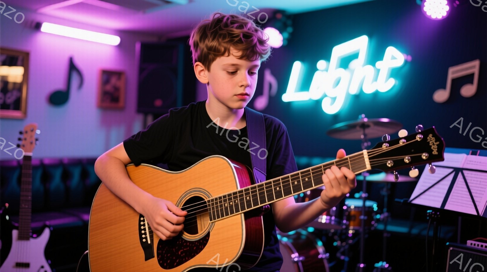 少年はアコースティックギターを演奏しており、集中した表情を浮かべています。黒いTシャツを着ており、髪は軽くカールしています。背景にはドラムセットやスピーカー、楽譜などがあり、音楽スタジオのような雰囲気で、ネオンサインが光っています。