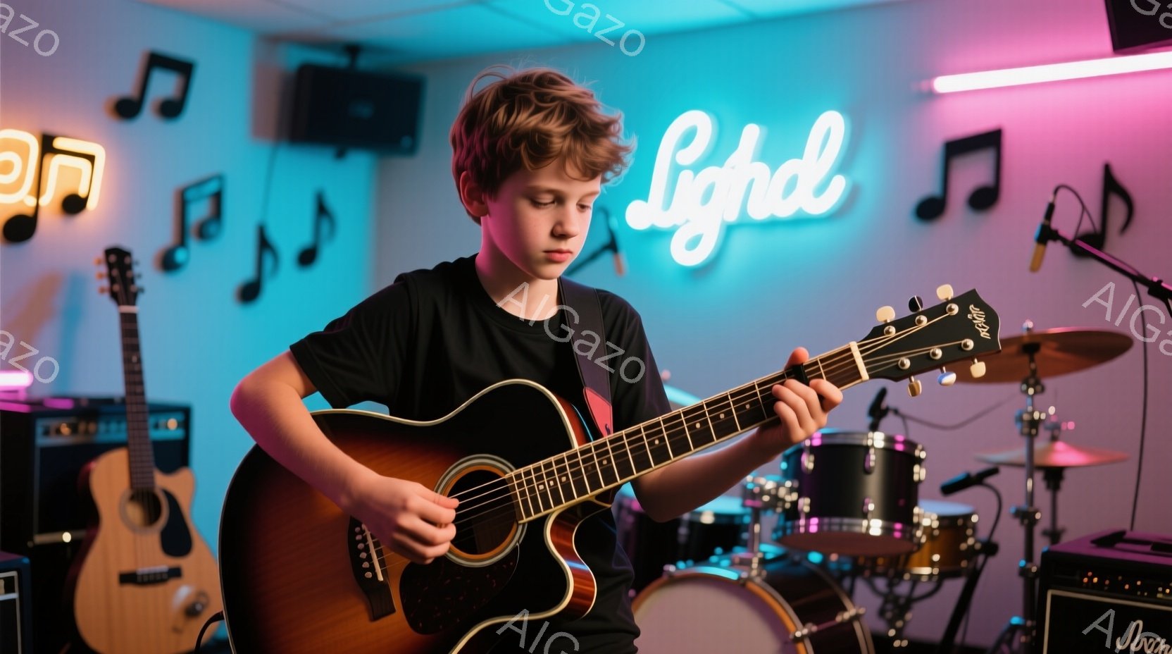茶髪の少年がアコースティックギターを演奏している様子が写っている。少年は黒いTシャツを着ており、真剣な表情でギターの弦を指で押さえている。背景にはドラムセットやアンプが見え、音楽スタジオのような空間で、ネオンライトの音楽記号が壁を飾っている。