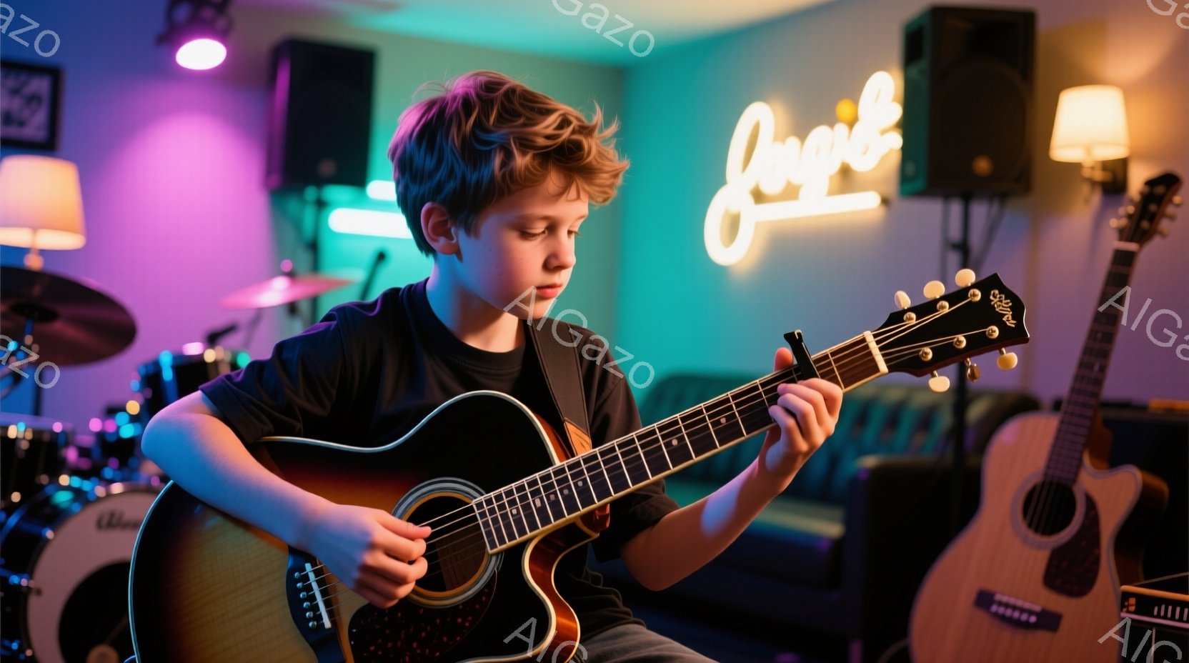 若い少年がギターを演奏している姿が写っている。彼は黒いTシャツを着ており、癖のある髪型をしている。背景にはドラムセットや他のギターが見え、ネオンライトの「Sing」という文字が光っており、音楽スタジオのような雰囲気である。