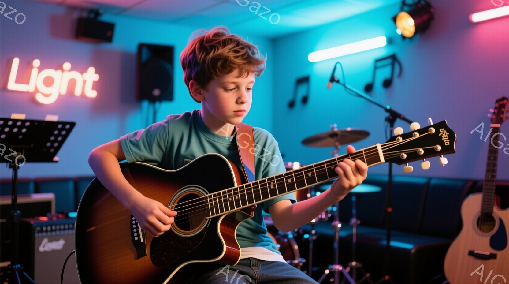 若い少年がアコースティックギターを弾いています。彼は青いTシャツとジーンズを着ており、少し前にカールした茶色の髪をしています。背景にはドラムセットやスピーカーがあり、ネオンライトが「Light」と表示されており、練習室のような音楽スタジオの雰囲気です。