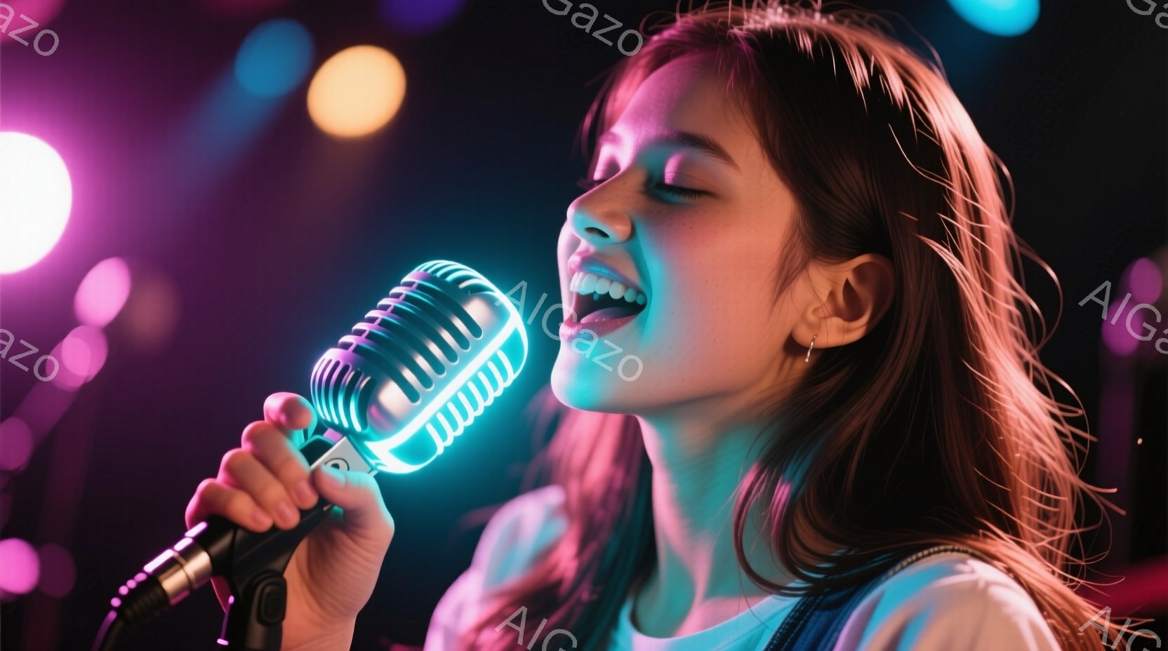 長い巻き毛の女性がマイクに向かって歌っている姿が写っている。彼女は白いシャツを着ており、顔は喜びと情熱に満ち溢れている。背景はぼやけており、カラフルなライトが点在し、ライブパフォーマンスの熱気ある雰囲気を醸し出している。