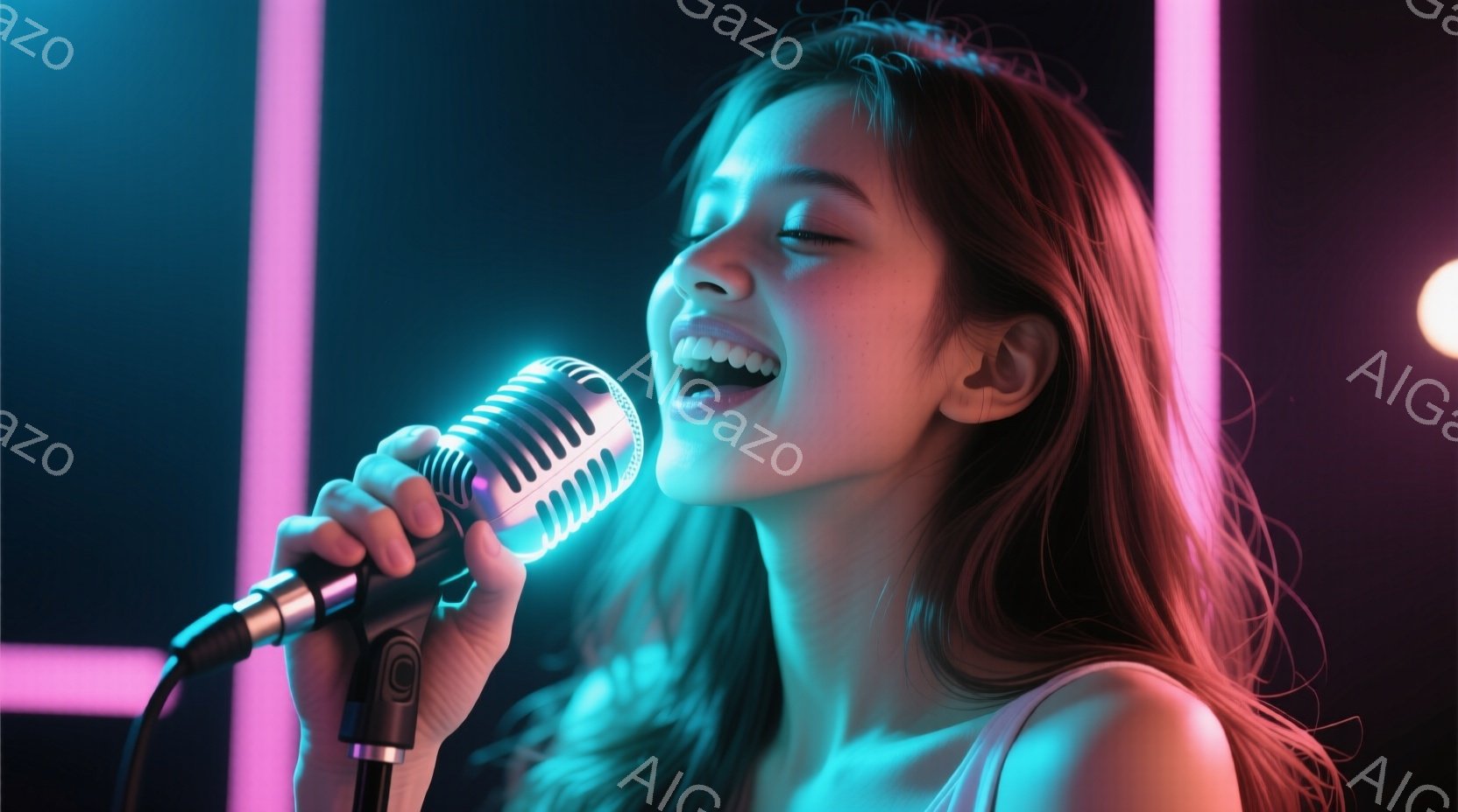 長い茶色の髪を持つ若い女性が、銀色のマイクを手に歌っている。彼女は白いトップスを着ており、顔には喜びと情熱が溢れる表情が浮かんでいる。背景はネオンカラーの光で照らされており、コンサートやライブの雰囲気を醸し出している。