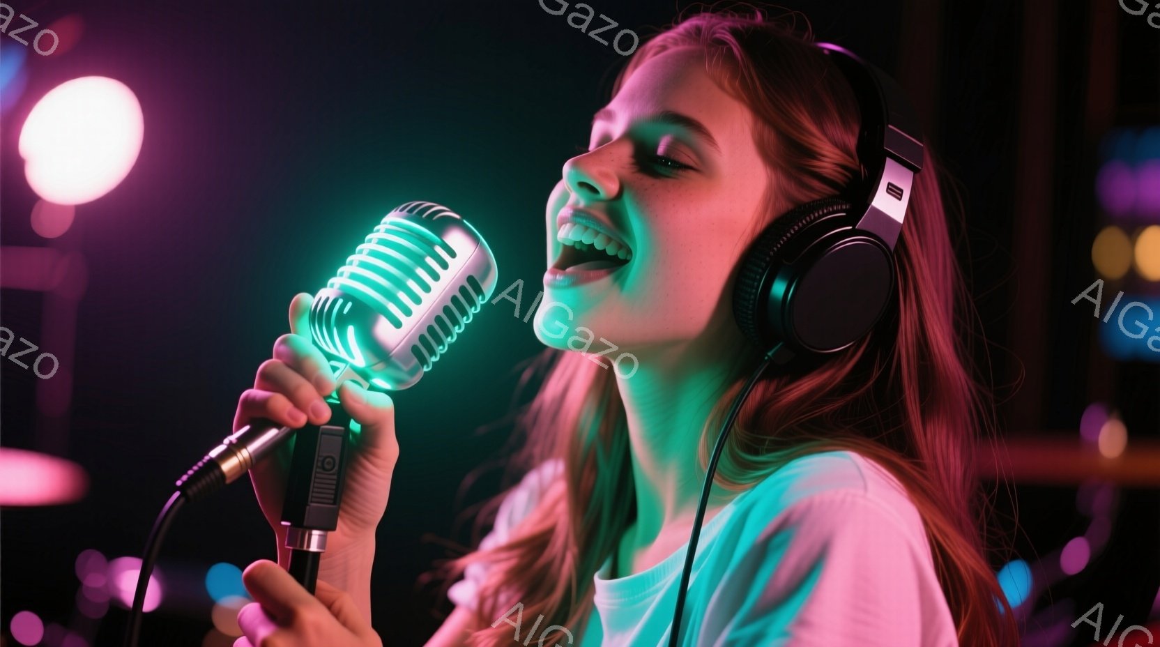 赤毛の女性がマイクに向かって歌っている様子が写っている。彼女は白いTシャツを着ており、ヘッドホンを装着し、口を開けて情熱的に歌っている。背景はぼやけており、紫と緑の照明が彼女を照らし、コンサートやライブハウスのような雰囲気を醸し出している。