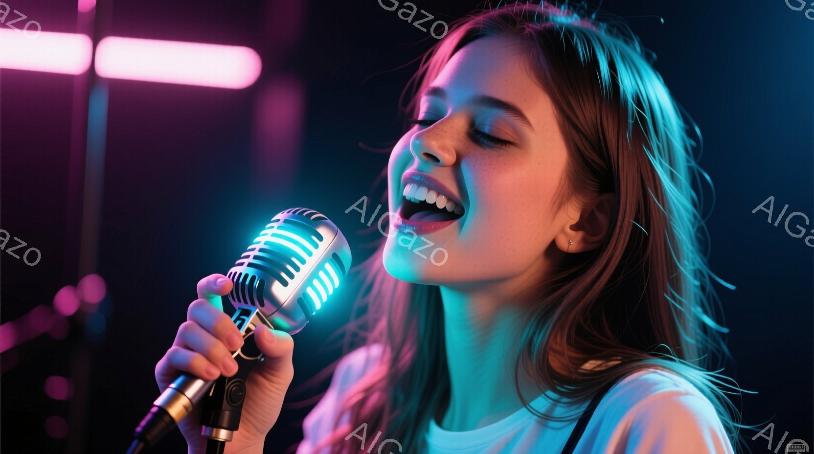 長い茶色の髪を持つ若い女性が、銀色のマイクを手に歌っている。彼女は笑顔で目を閉じ、情熱的に歌っている様子が伝わる。背景は暗く、紫と青の照明が彼女を照らし、コンサートやライブハウスのような雰囲気である。