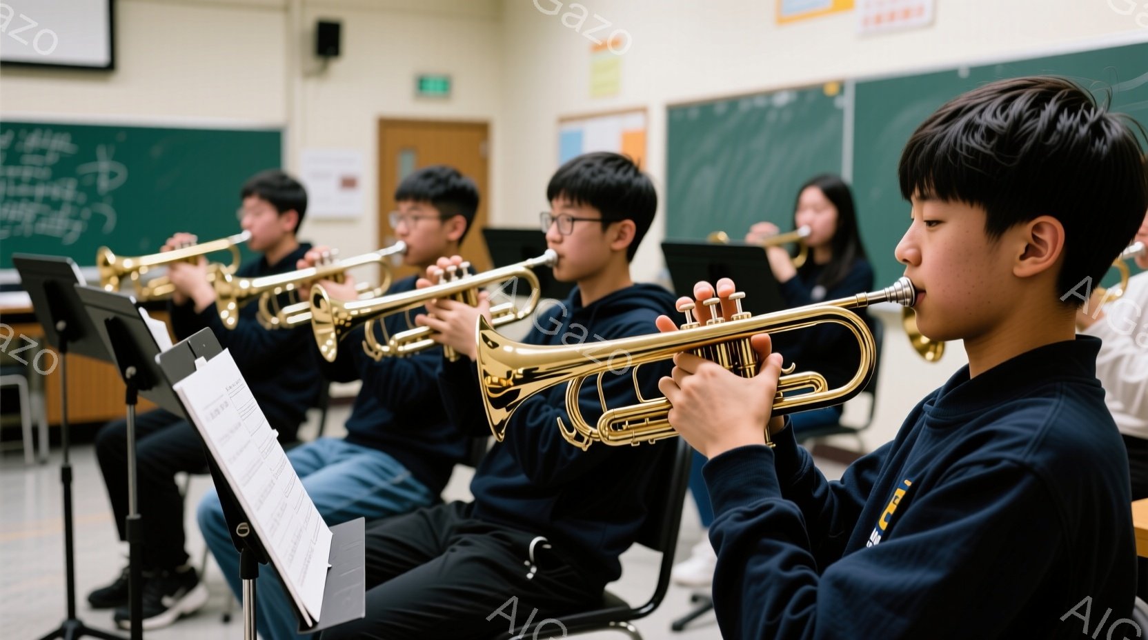 金管楽器の練習をしている生徒たちの様子が写っています。紺色のセーターを着た少年がトランペットを吹いており、他の生徒たちも同じように楽器を演奏しています。背景には黒板があり、楽譜が立てかけられています。