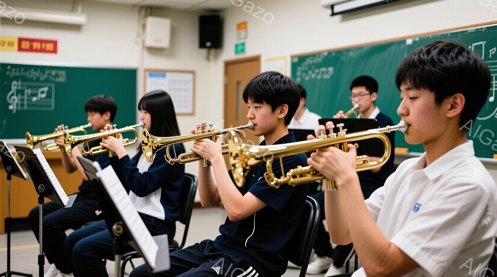 トランペットを吹いている生徒たちが写っています。紺色の制服に白シャツ、黒髪またはショートヘアで、真剣な表情で楽譜を見ながら演奏しています。背景には黒板と楽器が並び、学校の音楽室のような雰囲気で、集中した練習風景が伝わってきます。