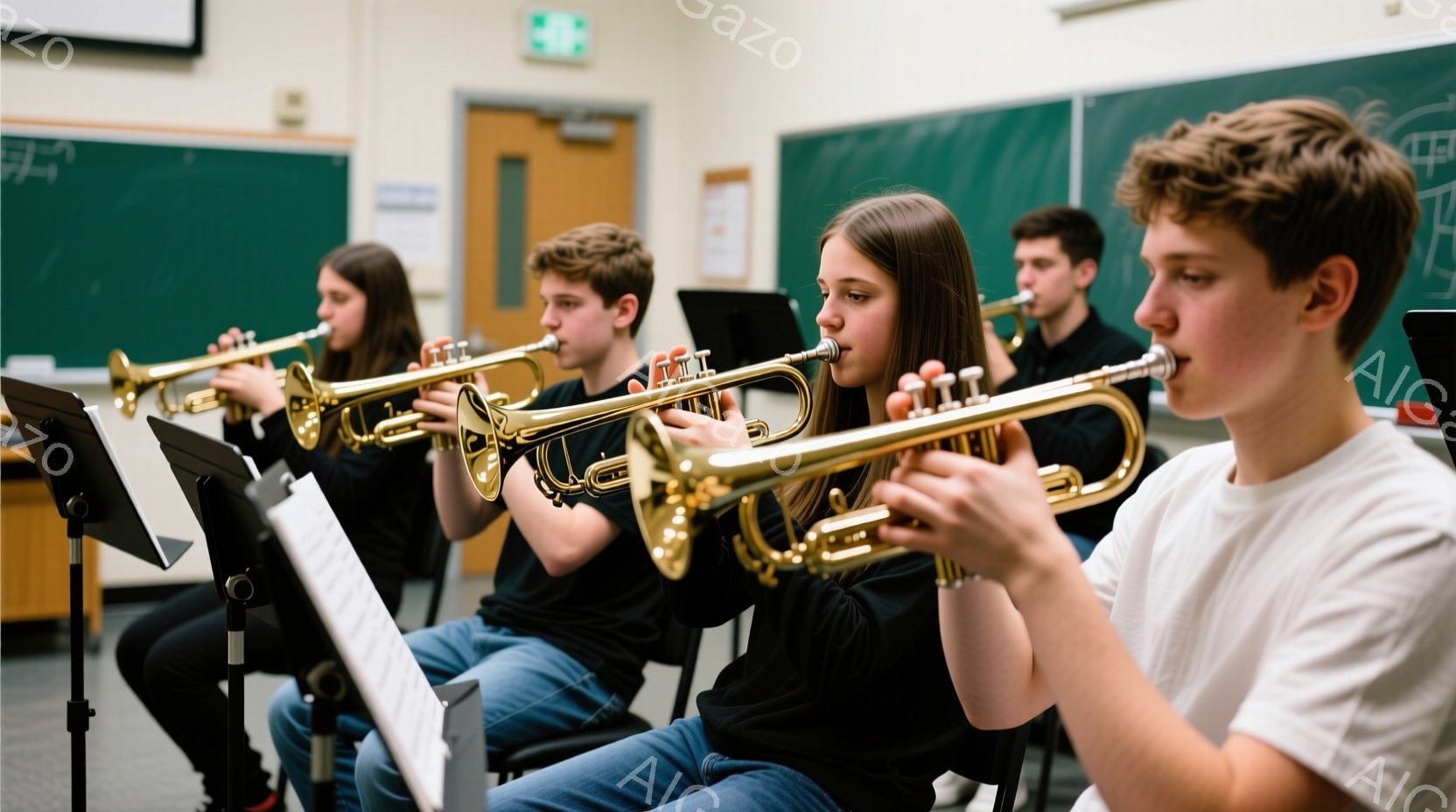 吹奏楽団のメンバーと思われる若者たちがトランペットを演奏している様子が写っています。彼らは皆、黒いシャツにジーンズ姿で、真剣な表情で楽譜を見ながら楽器を構えています。背景には黒板とドアがあり、教室のよ - AI生成フリー素材