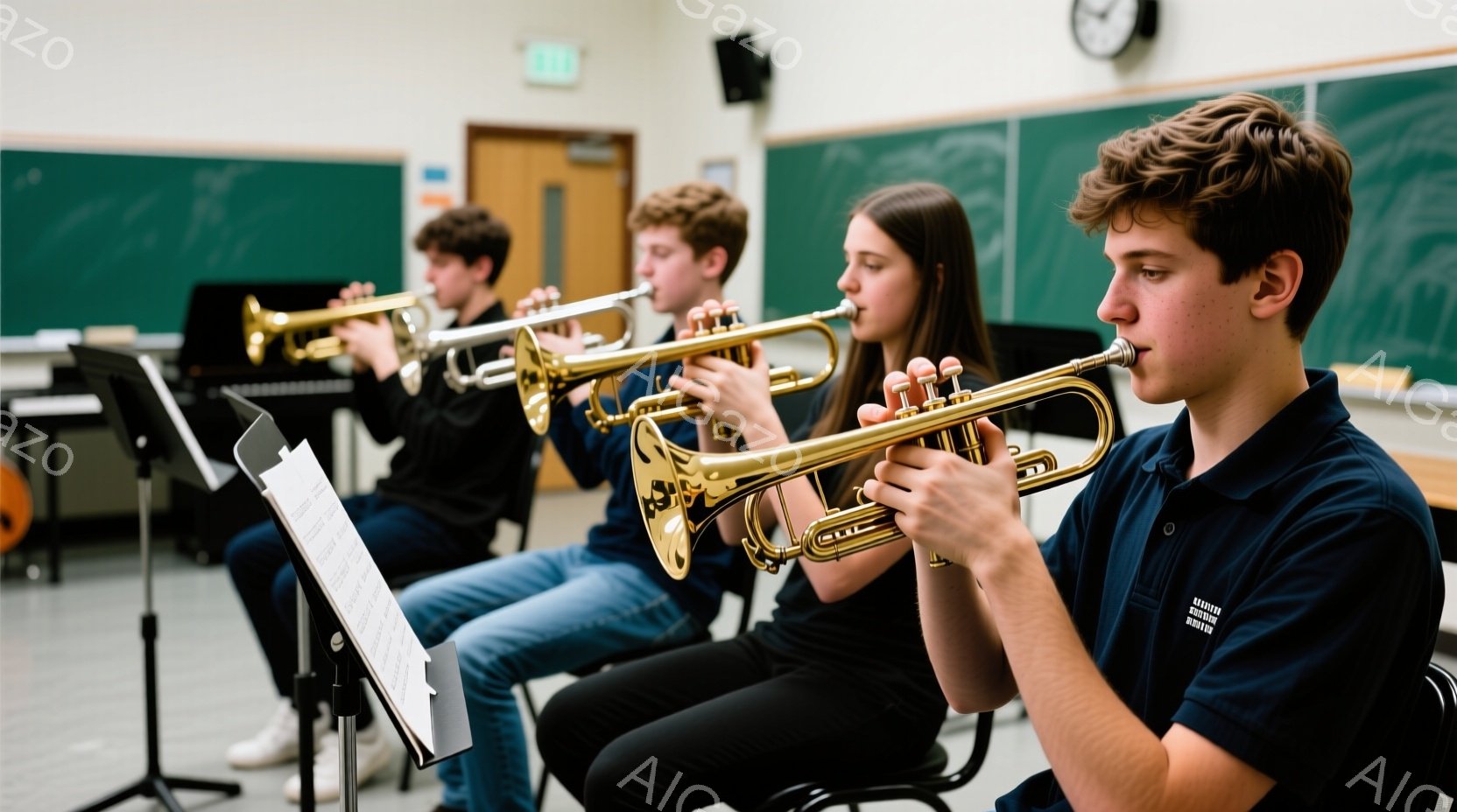 吹奏楽団のメンバーと思われる4人の若者が、椅子に座ってトランペットを演奏している様子が写っている。彼らは紺色のポロシャツを着ており、集中した表情で楽器を構えている。背景には楽譜スタンドやピアノ、そして - AI生成フリー素材