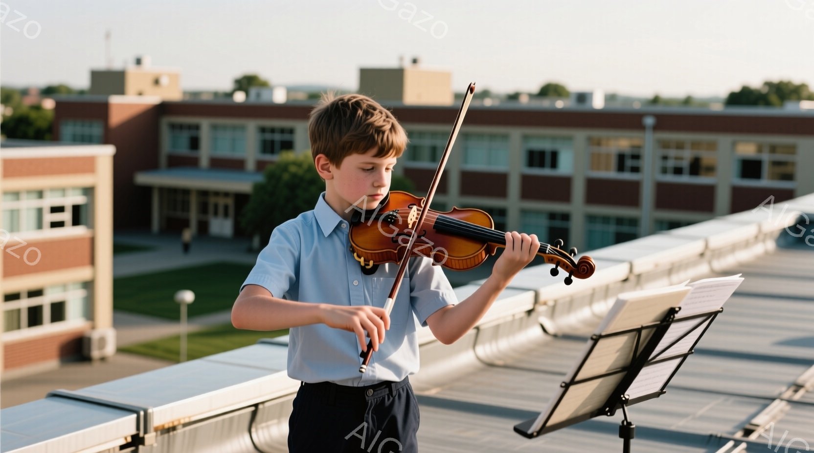 少年は屋上の縁に立ち、バイオリンを演奏している。青いシャツに黒いズボンという制服のような服装で、少し難しい表情で集中して演奏している。背景にはレンガ造りの建物が並び、晴れた空の下、穏やかな雰囲気の画像である。