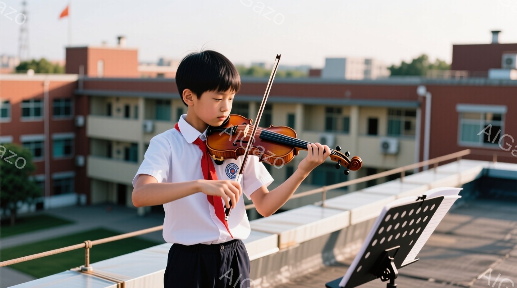 一人の少年がバルコニーでバイオリンを弾いています。彼は白いシャツと紺色のズボン、赤いネクタイをつけており、短く整えられた黒髪をしています。背景にはレンガ造りの建物が並び、晴れた空の下、集中した表情で演奏に没頭している様子がうかがえます。