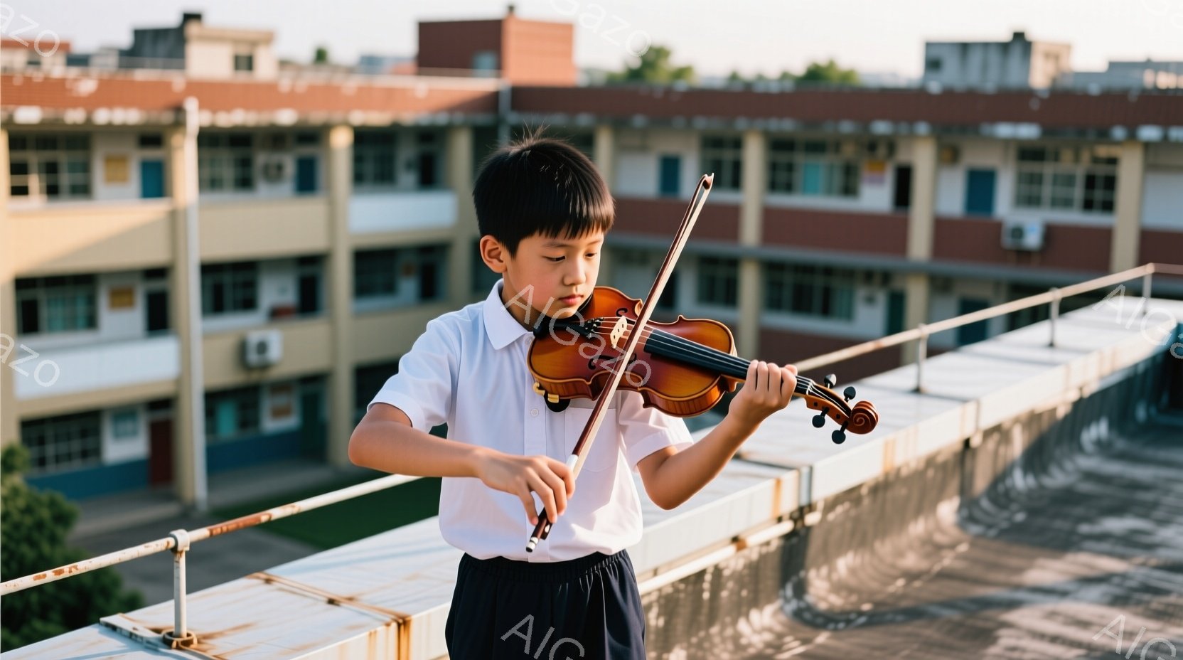 制服を着た少年が、屋上の柵にもたれかかりながらヴァイオリンを演奏している。彼の表情は真剣で、集中して音楽に没頭している様子がうかがえる。背景には、コンクリートの建物が並び、晴れた空の下、都会的な風景が広がっている。