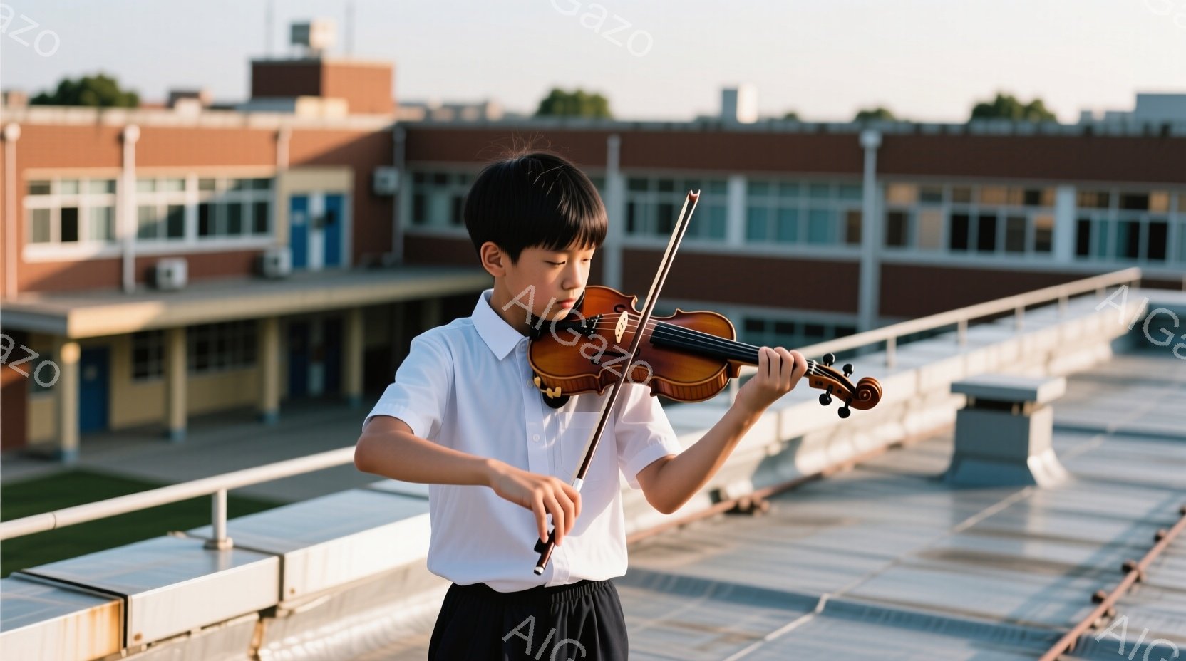 見た目の少年は白いシャツと黒いズボンを着用し、ヴァイオリンを演奏しています。彼は真剣な表情でヴァイオリンに集中しており、少し前かがみの姿勢で演奏しています。背景にはレンガ造りの建物が見え、晴れた空の下、屋上で行われている様子から、穏やかで集中した雰囲気が伝わってきます。