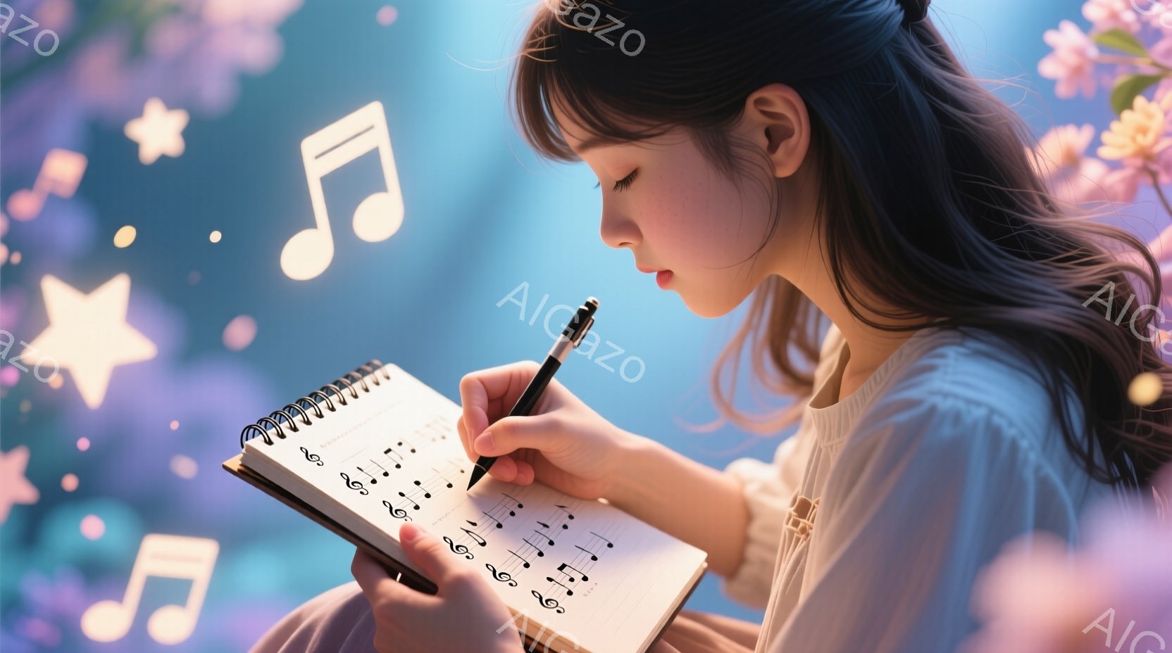 若い女性が楽譜にペンで書き込んでいる姿が写っている。彼女は肩出しの淡い水色のブラウスを着ており、黒髪は肩のあたりで切り揃えられている。背景は青みがかったグラデーションで、キラキラと輝く星と音符、そしてぼんやりと桜の花が咲いているように見える、幻想的な雰囲気である。