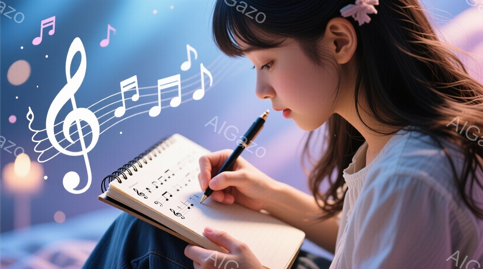 黒い服を着て、ピンクのリボンで髪を飾った若い女性が描かれています。彼女は膝の上に乗せたノートにペンで何かを書き込んでおり、集中した表情をしています。背景はぼやけていますが、暖色系の照明と、ノートの周りを舞う音符のイラストが、音楽的な雰囲気を作り出しています。
