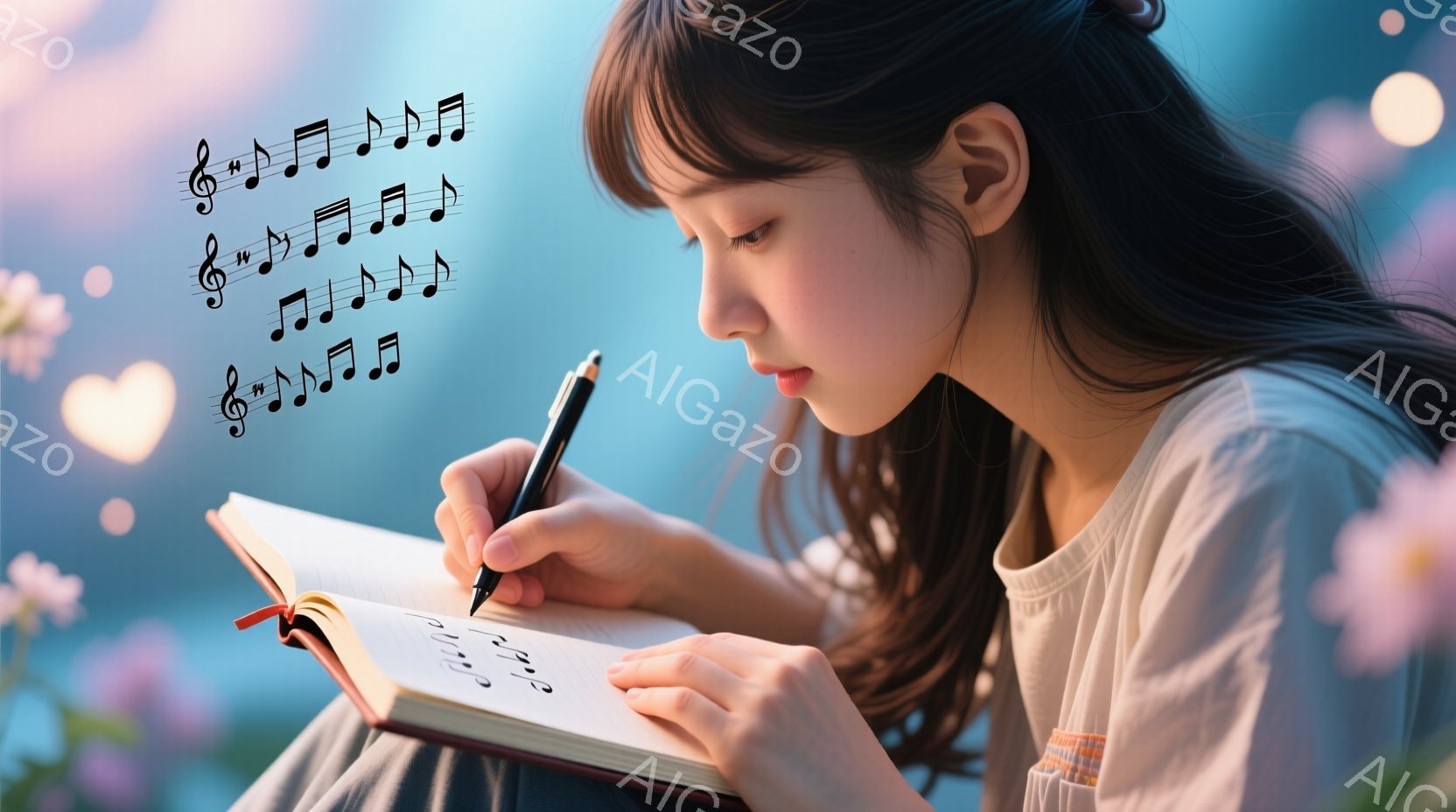 長い黒髪を肩から下でまとめた若い女性が、開いたノートにペンで書き込みをしています。淡いピンクとブルーがかった背景には、ぼやけた花々や光の粒子が見え、柔らかく夢幻的な雰囲気を醸し出しています。彼女は灰色のセーターを着ており、集中した表情でペンを走らせています。