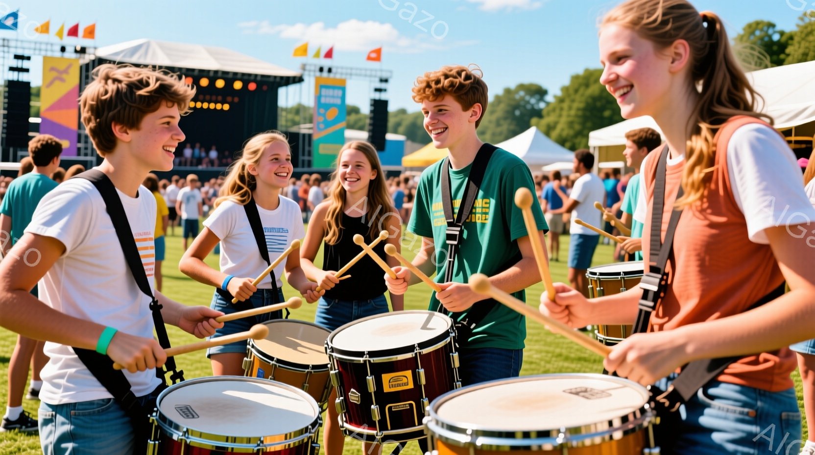 鮮やかな緑の芝生の上で、少年少女たちがドラムを演奏している様子が写っている。彼らは皆、カジュアルな服装で、笑顔を浮かべ、活気に満ちた表情をしている。背景には、カラフルな旗やステージが見え、晴天の下、賑やかなイベントが行われていることが伺える。