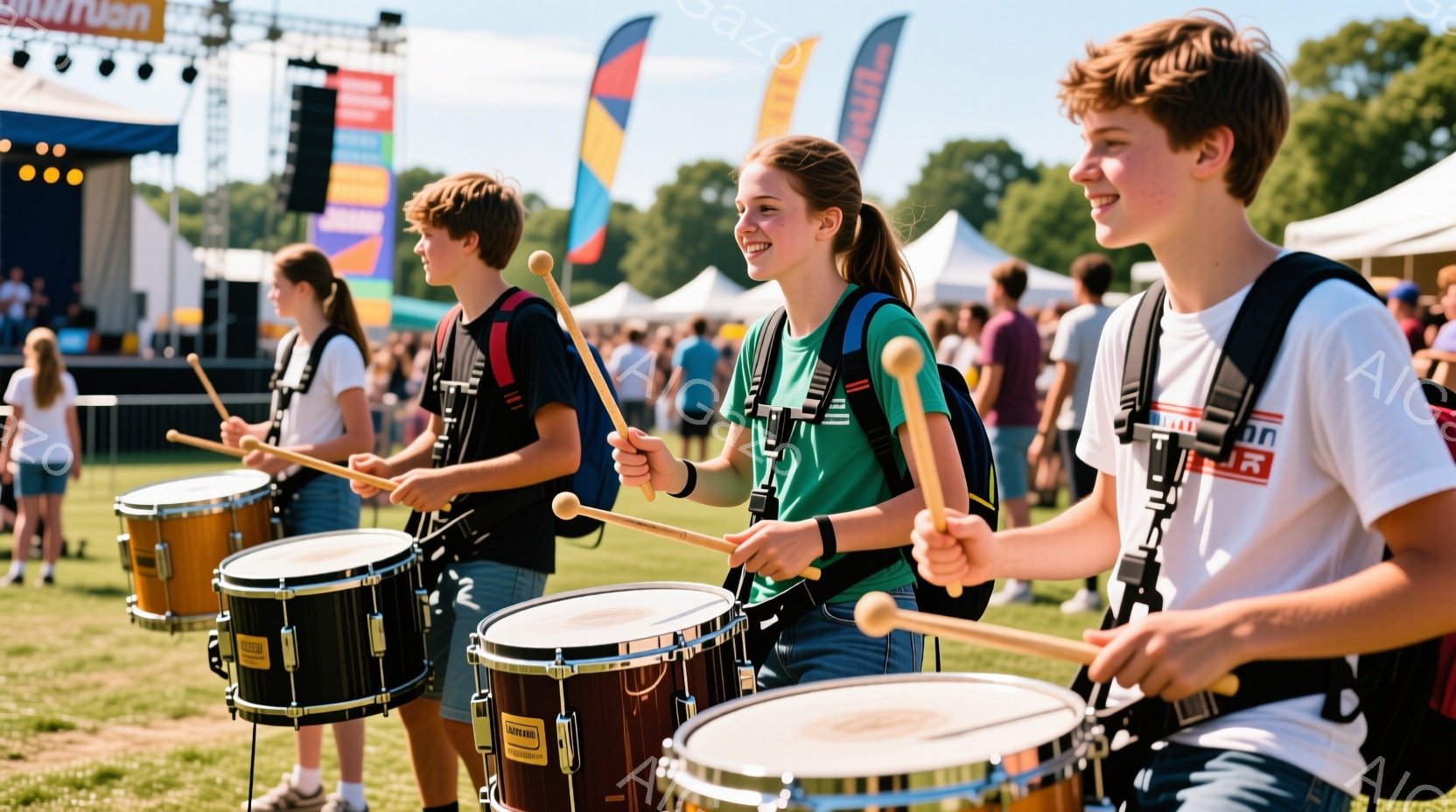 若い演奏者たちがドラムを演奏している様子が写っている。彼らは緑色のシャツに黒いショーツ、ドラムを背負うためのストラップをつけている。背景にはステージ、観客、そして青空が広がり、晴天の下、活気のあるお祭りのような雰囲気が漂っている。