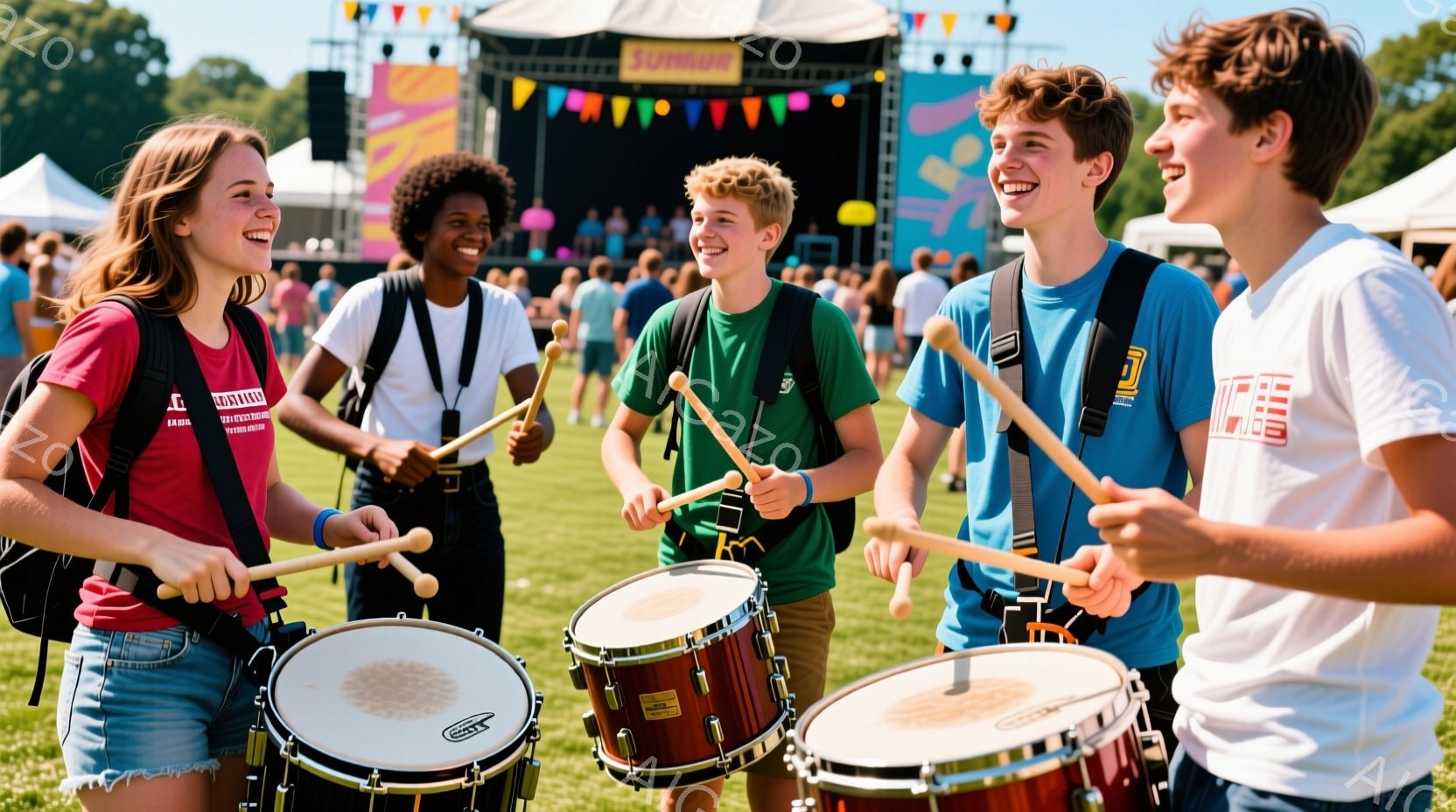 若者たちが緑の芝生の上でドラムを演奏している様子が写っている。彼らはそれぞれドラムを抱え、スティックを持って楽しそうに演奏している。背景にはカラフルなステージと観客が見え、晴れた空の下、活気のあるフェ - AI生成フリー素材
