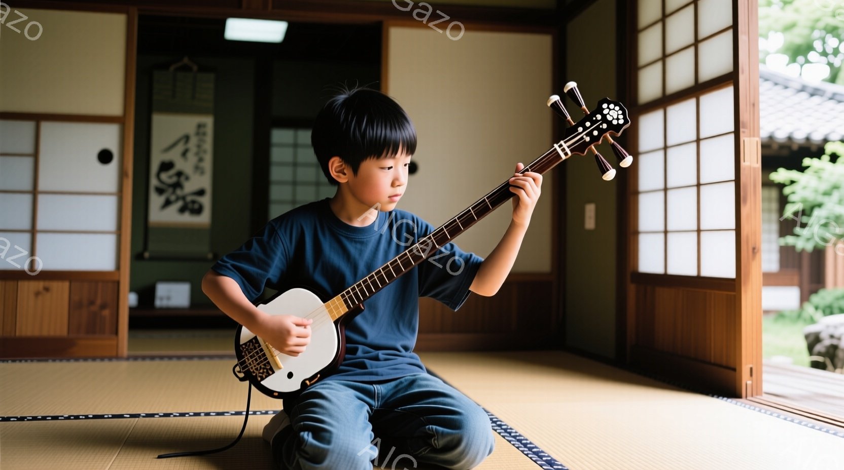 少年は畳の上に座り、三味線を弾いています。彼は濃い青色のTシャツとジーンズを着ており、短く刈り込んだ黒髪です。背景には障子と庭があり、穏やかで静かな雰囲気を醸し出しています。 - AI生成フリー素材