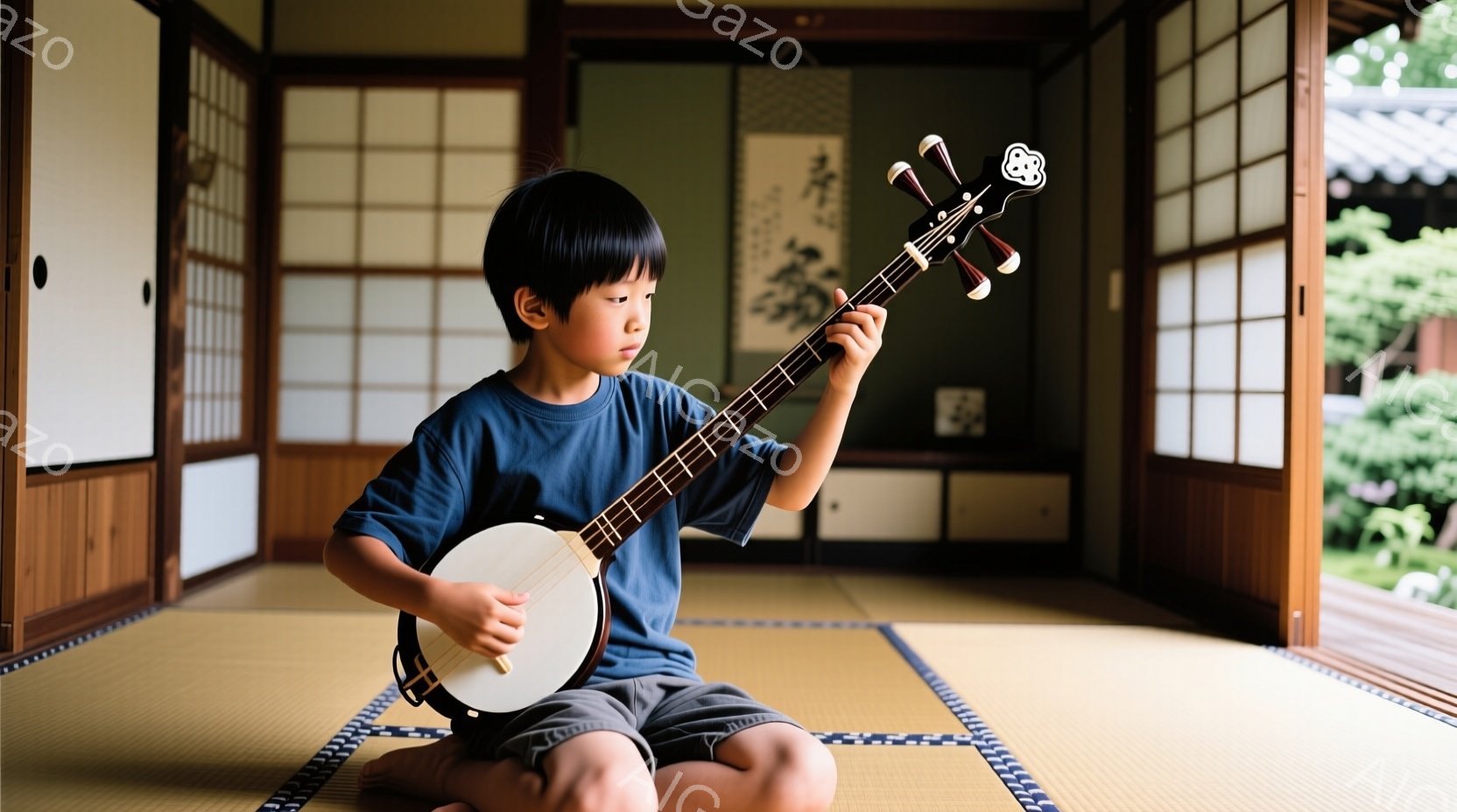 少年は畳の上で三味線を弾いています。青いTシャツと紺色の短パン姿で、真剣な表情で楽器に集中しています。背景には障子や襖があり、庭の緑が見え、静かで落ち着いた雰囲気が漂っています。 - AI生成フリー素材