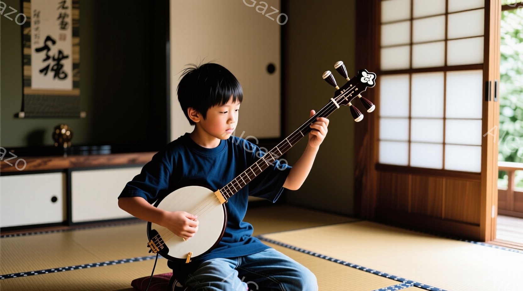 少年は青いTシャツとジーンズを着て、座って三味線を弾いています。彼の髪は短く、真剣な表情で演奏に集中しています。背景は畳の部屋で、壁に掛け軸があり、障子から自然光が差し込んでおり、静かで落ち着いた雰囲気です。