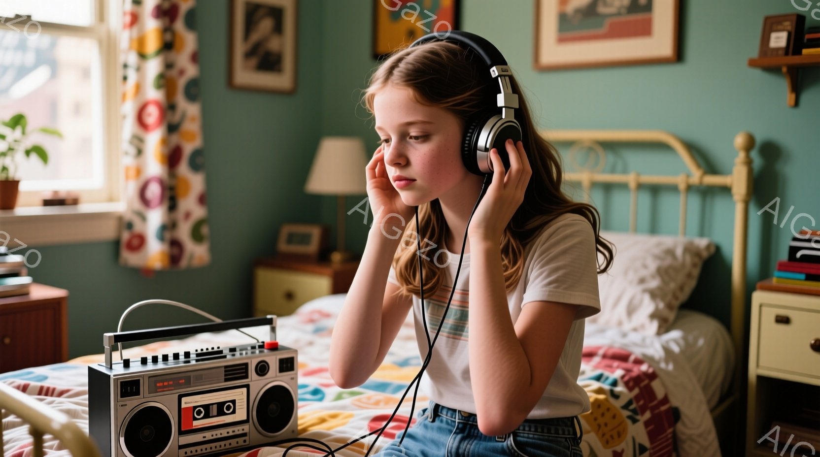 金髪でカールした髪の少女が、大きなヘッドホンを装着し、ベッドに座って音楽を聴いています。彼女は白いTシャツとジーンズ姿で、リラックスした表情をしています。背景には、カラフルな寝具、レトロなラジオカセット、そして絵画が飾られた壁が見え、ノスタルジックで穏やかな雰囲気が漂っています。