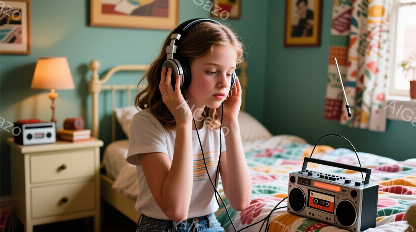 金髪で巻き毛の少女がヘッドホンを着用し、ベッドに座って何かを聞いています。彼女は白いTシャツとジーンズを着ており、少し考え込んでいるような表情をしています。背景には、黄色いナイトスタンド、絵画、そしてカラフルなキルト模様のベッドカバーが見え、レトロな雰囲気が漂っています。