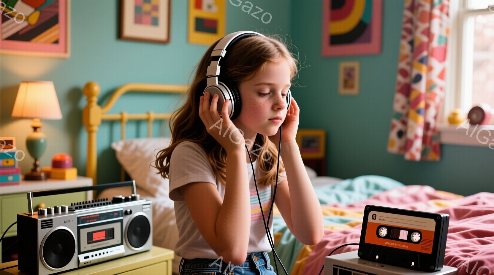 金髪の少女がヘッドホンをつけてベッドに横たわっています。彼女は白いTシャツとジーンズを着ており、リラックスした表情で目を閉じて音楽を楽しんでいるようです。背景にはレトロなブームボックスとカセットテープ、カラフルな絵画が飾られた部屋が広がっており、懐かしい雰囲気を醸し出しています。
