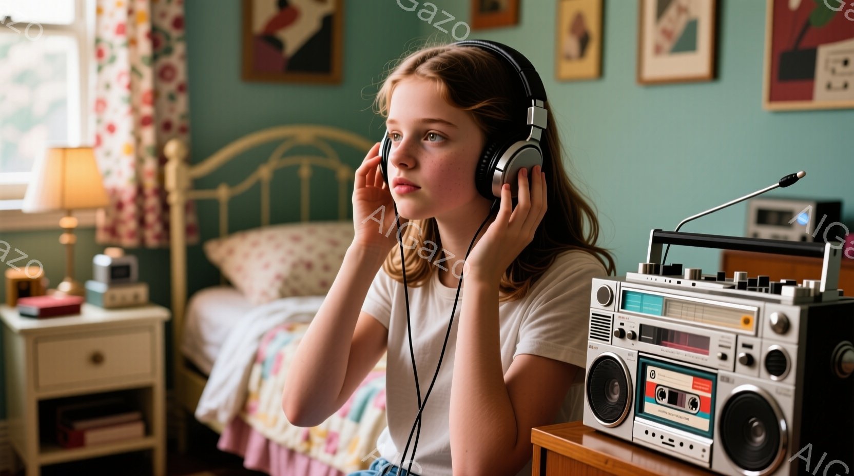 若い少女がヘッドホンを装着し、少し考え込んでいるような表情をしています。白いTシャツを着ており、髪は肩までの長さで自然なウェーブがかかっています。背景には花柄の壁紙、ベッド、ナイトテーブル、そしてレトロなラジカセがあり、どこか懐かしい雰囲気を醸し出しています。