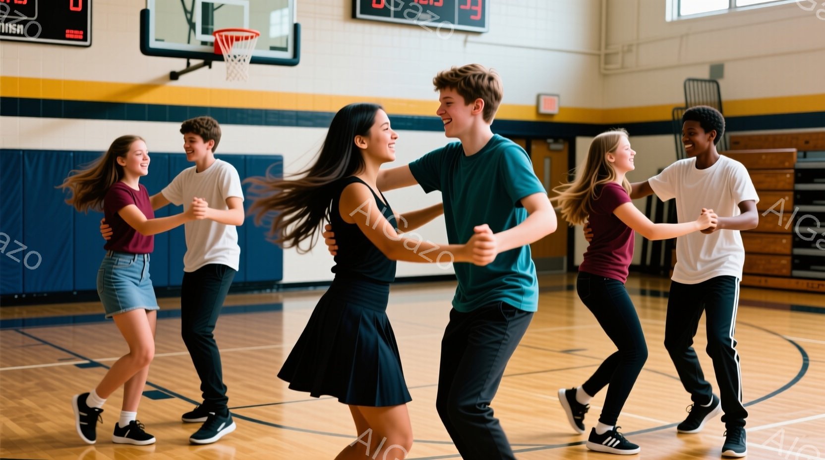 体育館で若い男女がペアになって踊っている様子が写っている。女性は黒いタンクトップとフレアスカートを着ており、長い髪が踊る動きに合わせて揺れている。男性はターコイズブルーのTシャツと黒いズボンを着用し、皆、笑顔で楽しそうに踊っている。