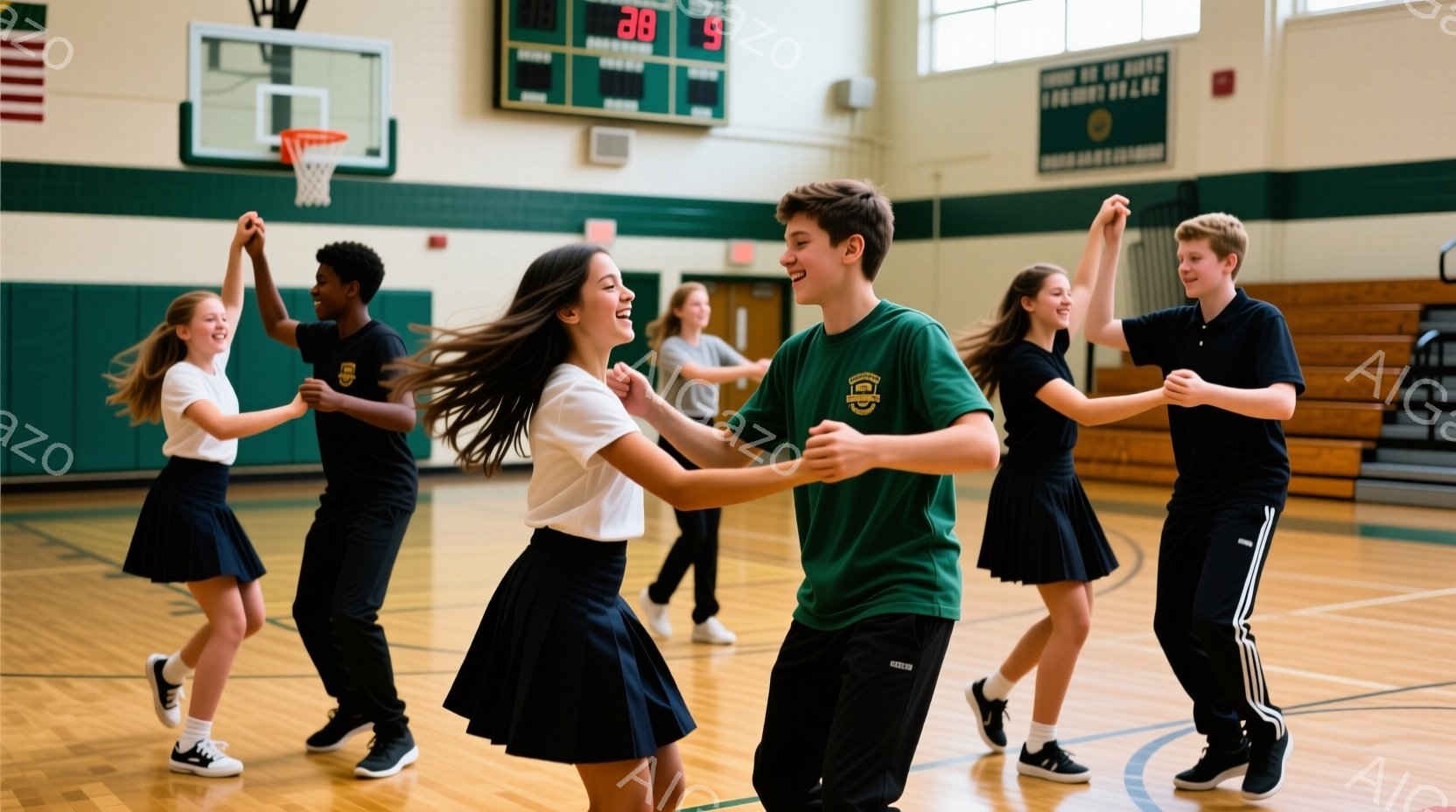 体育館で、制服を着た学生たちがペアになって踊っています。女の子たちは紺色のスカートと白いシャツを着ており、髪を揺らしながら楽しそうに笑っています。男の子たちは緑色のトレーナーと黒いズボンを着ており、明るく活気のある雰囲気が漂っています。