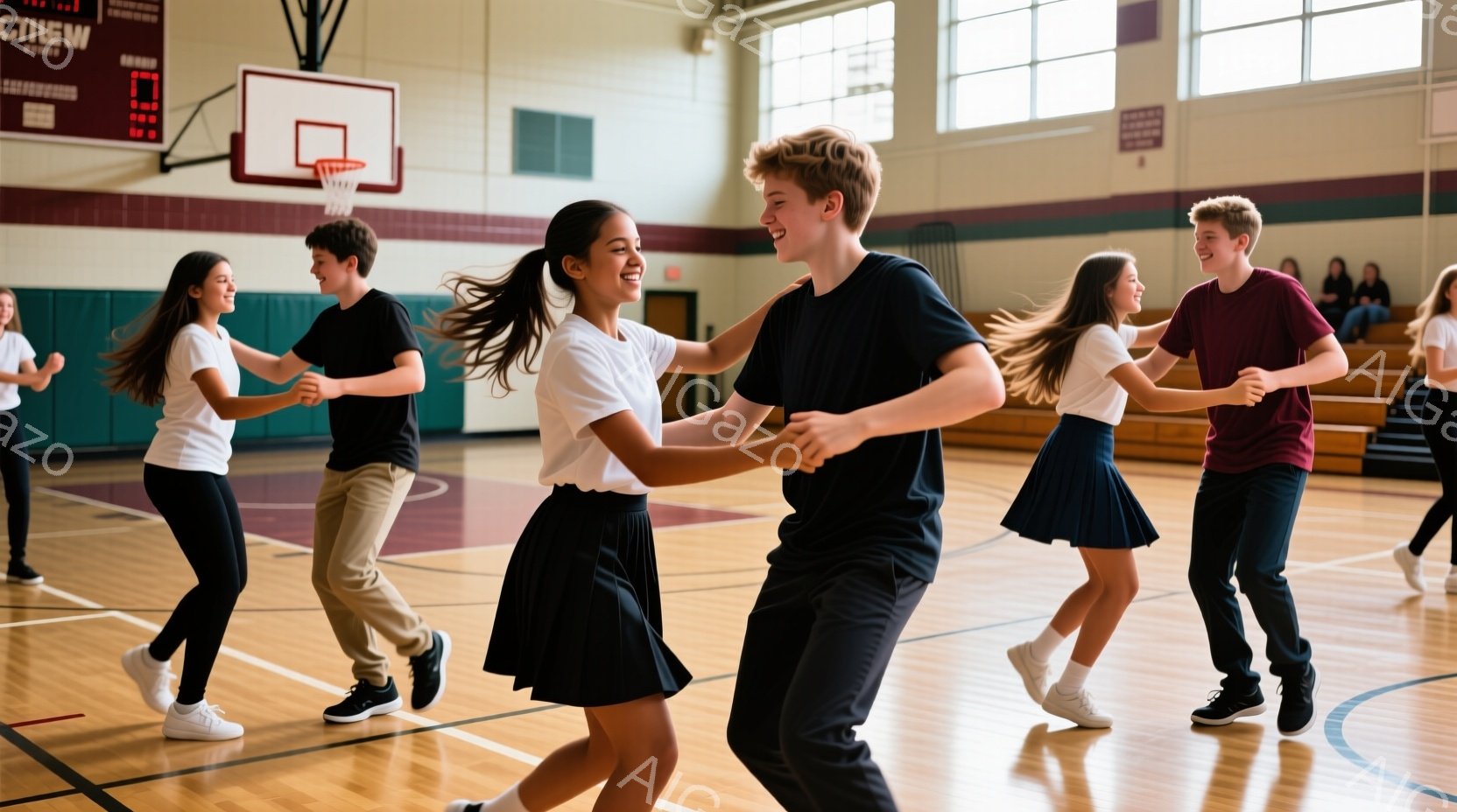体育館の床で、複数の若者がペアになって踊っています。彼らは皆、白のシャツと濃い色のスカートまたはズボンを身に着けており、動きに合わせて髪が揺れています。笑顔で楽しそうに踊っている様子から、陽気で活気の - AI生成フリー素材