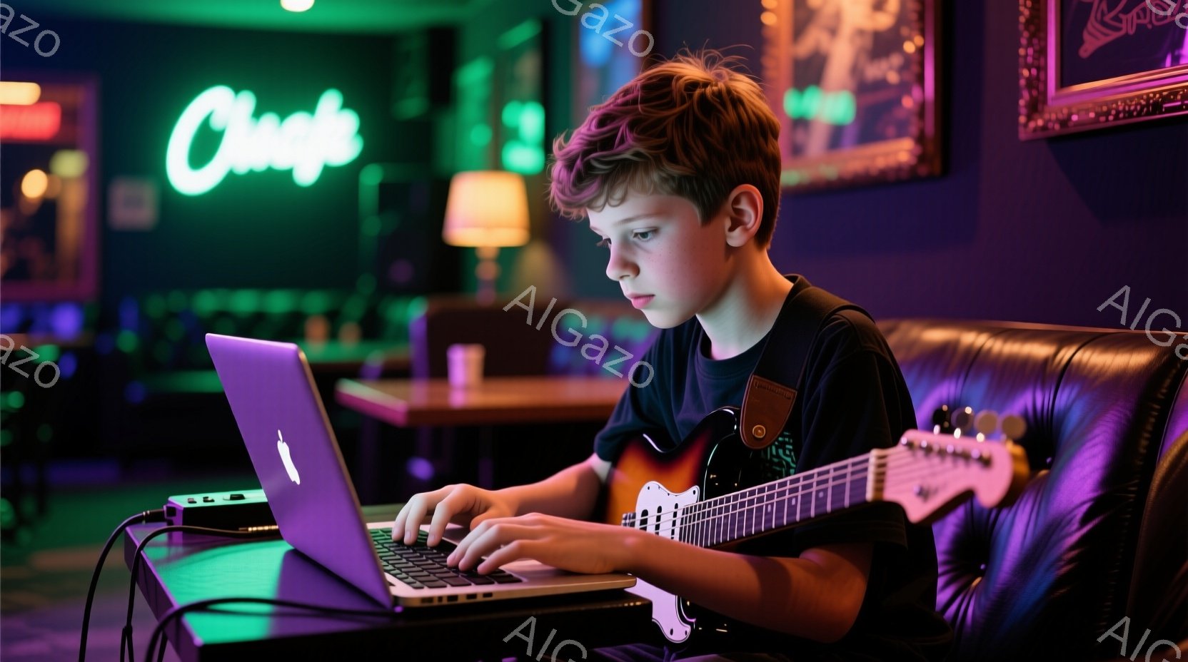 若い少年が、革張りのソファに座ってノートパソコンでタイピングしながらギターを抱えています。彼はダークカラーのTシャツを着ており、少しカールした茶色の髪をしています。背景にはネオンサインと、薄暗い照明が - AI生成フリー素材