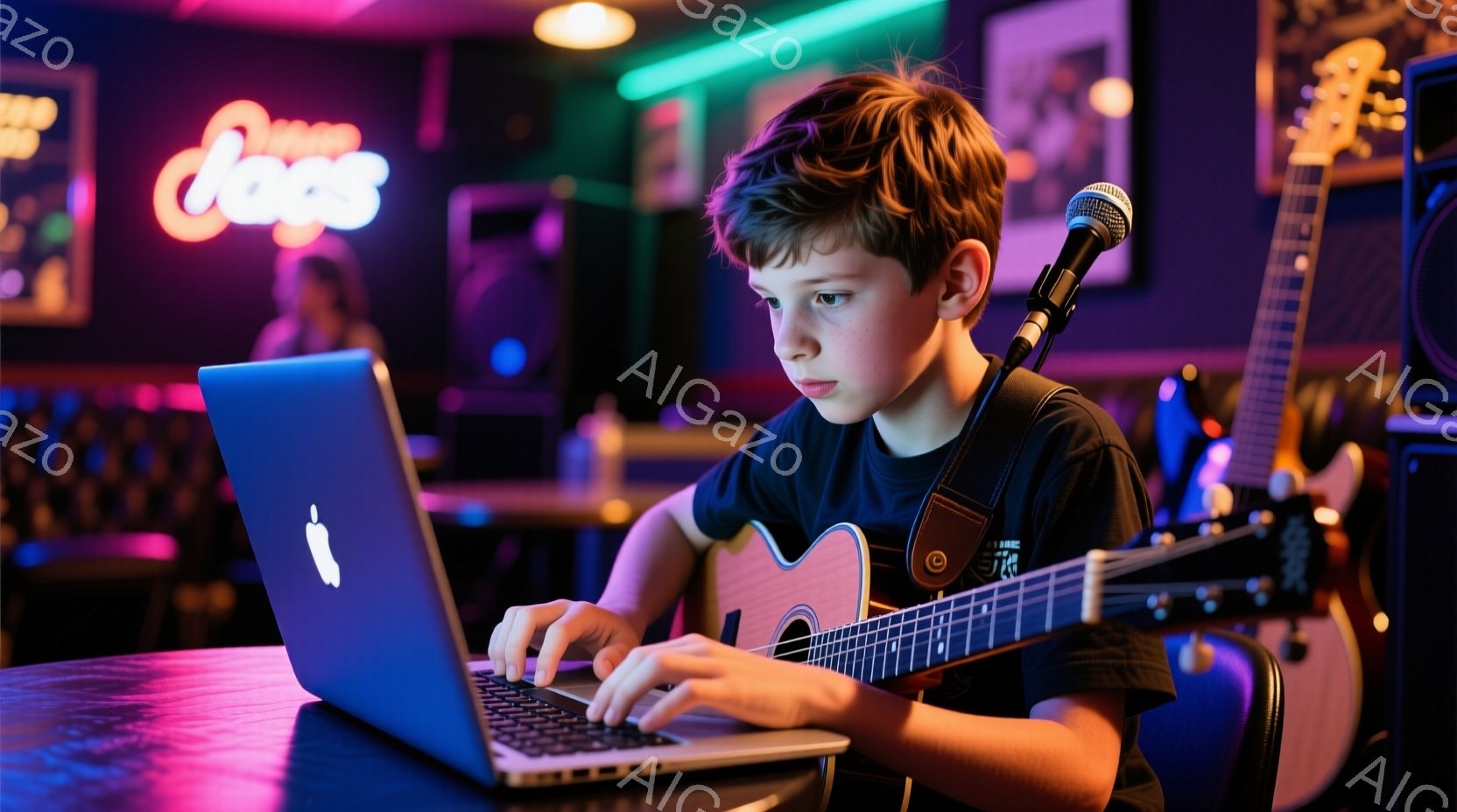 若い少年がノートパソコンに向かって座っており、ギターを膝の上に置いています。彼は黒いTシャツを着ており、茶色の髪は少し無造作にセットされています。背景には、コンサート会場のような雰囲気で、スピーカーやギター、ネオンサインが見られ、集中してパソコンを見ている様子から、音楽制作や学習をしているのかもしれません。