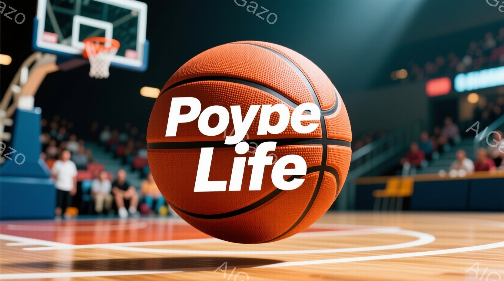鮮やかなオレンジ色のバスケットボールが、磨かれた木製のコートの前面に大きく配置されている。背景には、ぼやけた観客席とバスケットゴールが見え、活気のある競技場の雰囲気が漂う。ボールには大きく「Life」と書かれており、スポーツと人生の活力を象徴している。