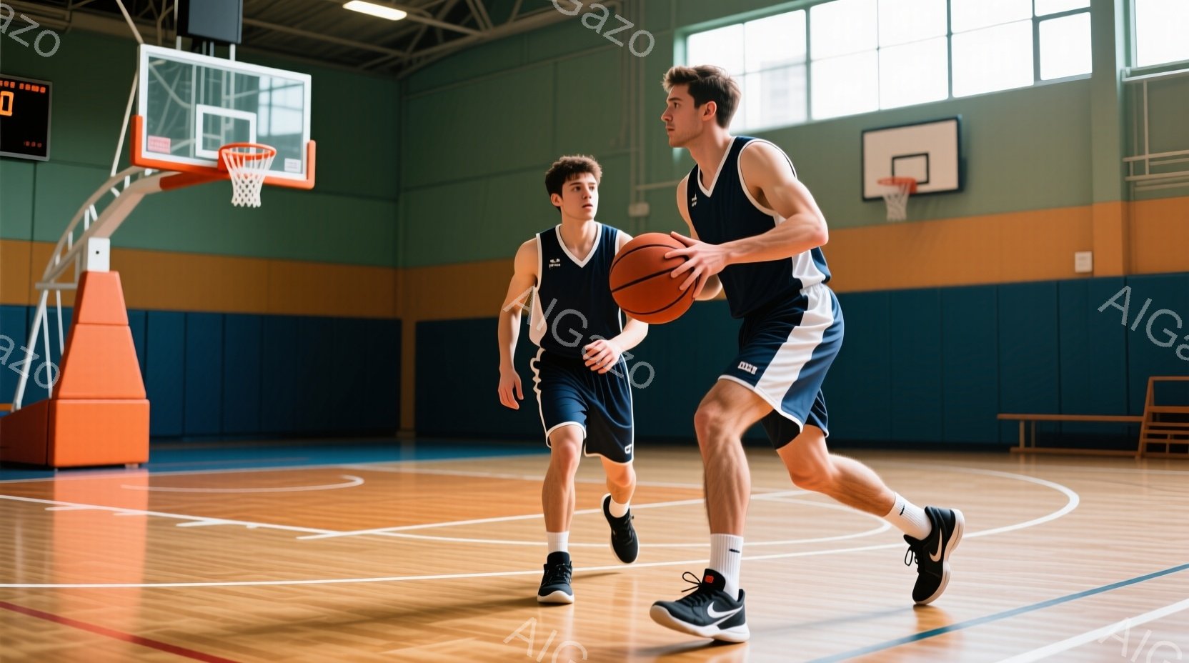 2人のバスケットボール選手が体育館でドリブルをしている様子が写っている。濃い青色のユニフォームと白のソックス、黒のバスケットボールシューズを着用し、どちらも短髪で、集中した表情をしている。体育館は明るく、オレンジ色の壁と木製の床で、バスケットゴールが背景に見える。