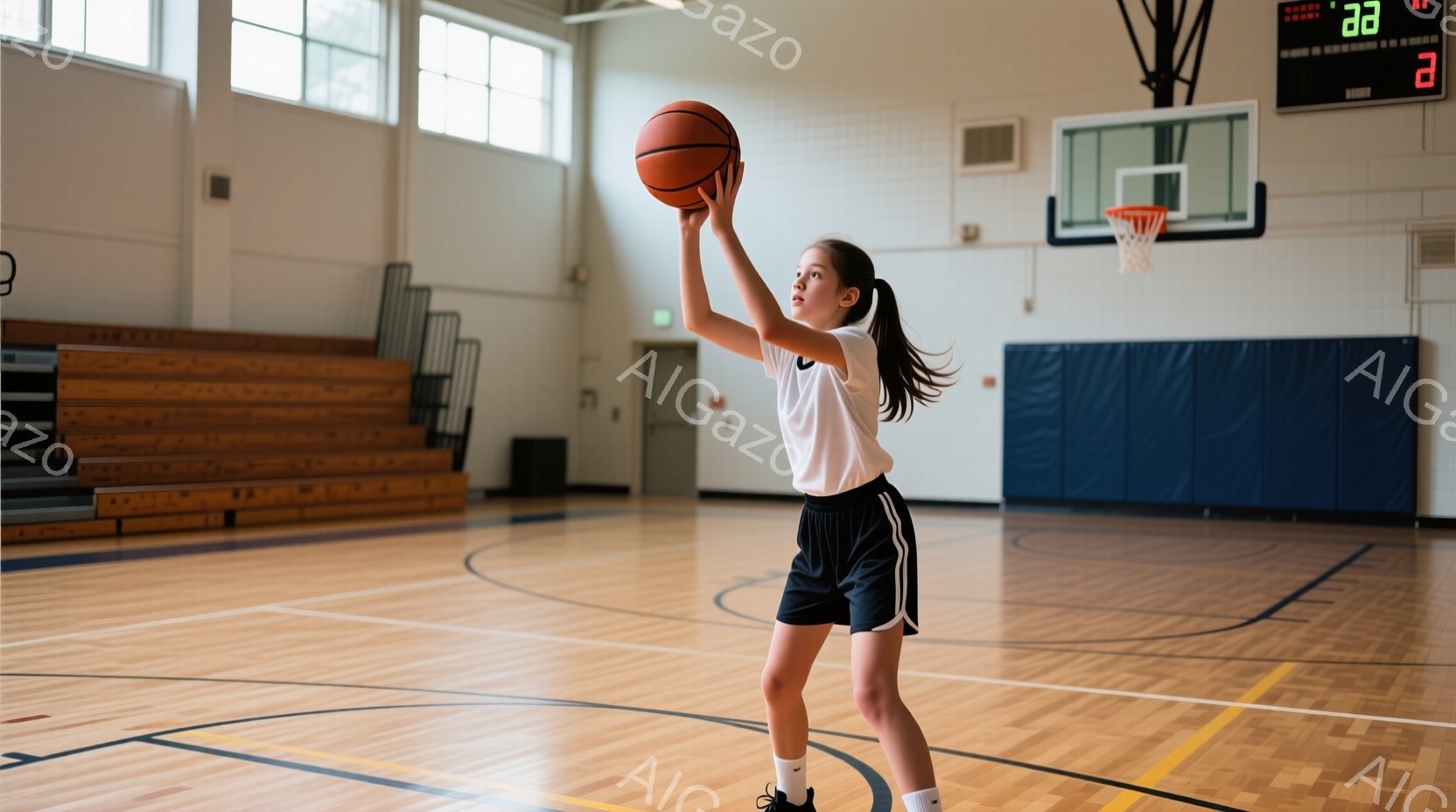 女子はバスケットボールコートでシュート練習をしている。白のTシャツと黒のショートパンツ、そして白い靴下とスニーカーを履いており、髪は後ろでポニーテールに結んでいる。コートの背景には観客席があり、天井には蛍光灯が設置されている。