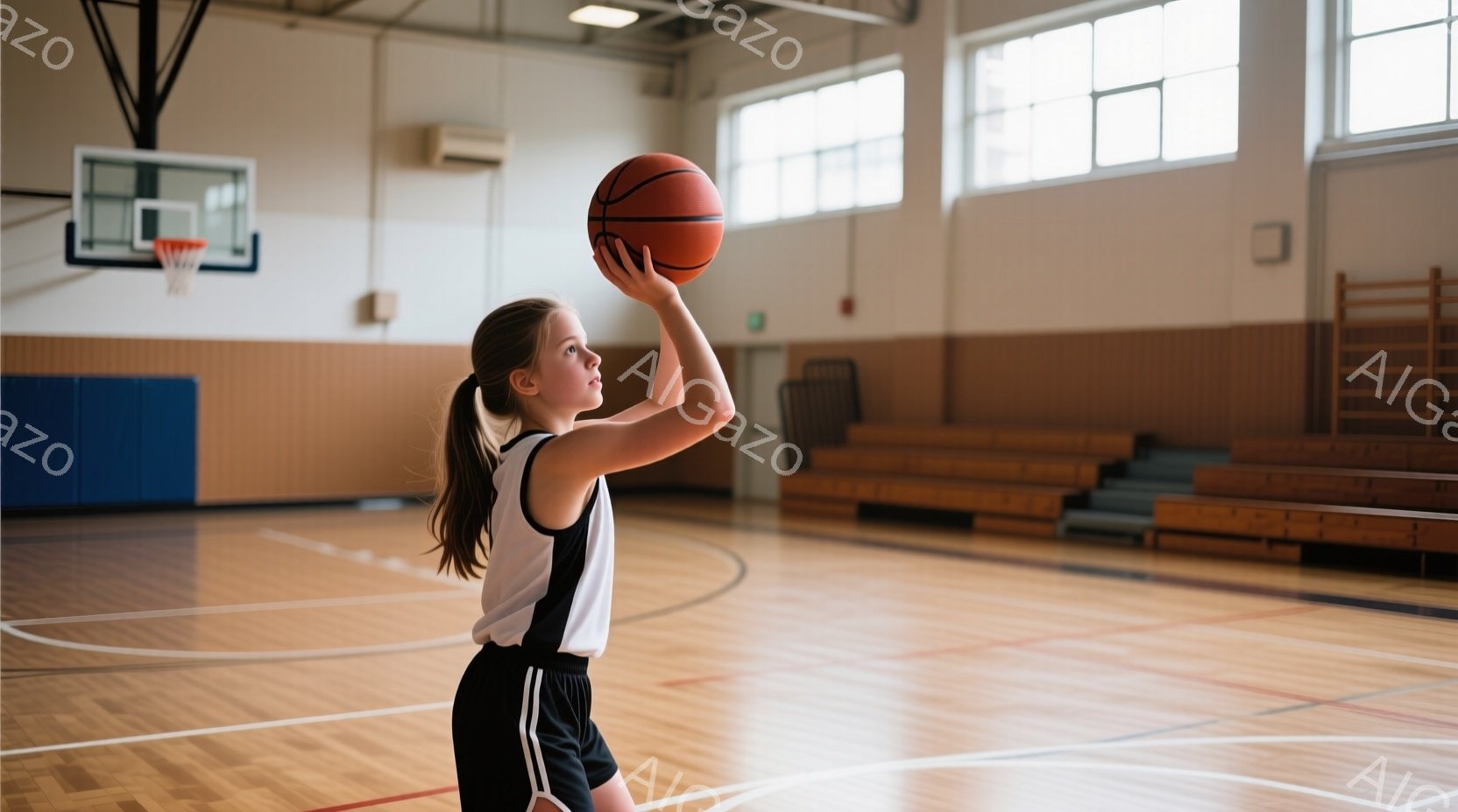 少女はバスケットボールコートでドリブルの練習をしているように見えます。彼女は黒と白のストライプのシャツと黒いショーツを着ており、髪はポニーテールに結ばれています。背景には、観客席やバスケットゴールが見 - AI生成フリー素材