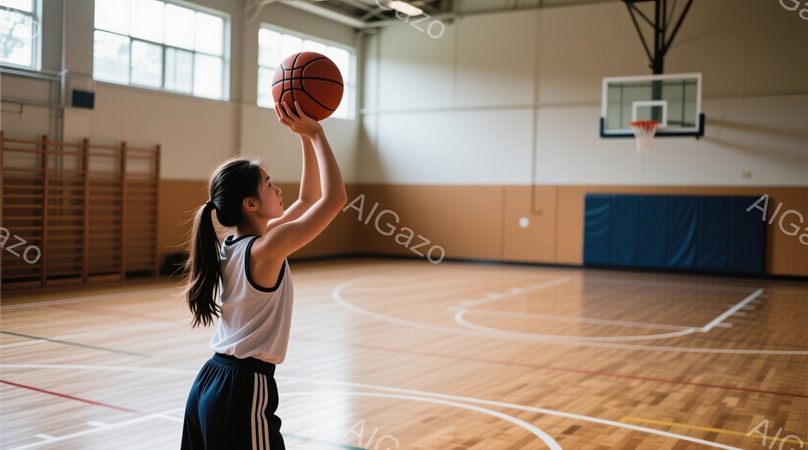 若い女性がバスケットボールコートでシュートの練習をしている様子が写っている。白いタンクトップと黒いパンツを着用し、髪は後ろでポニーテールに結んでいる。コートは木製の床で、壁には保護パッドが設置されており、全体的に明るく活気のある雰囲気が漂っている。