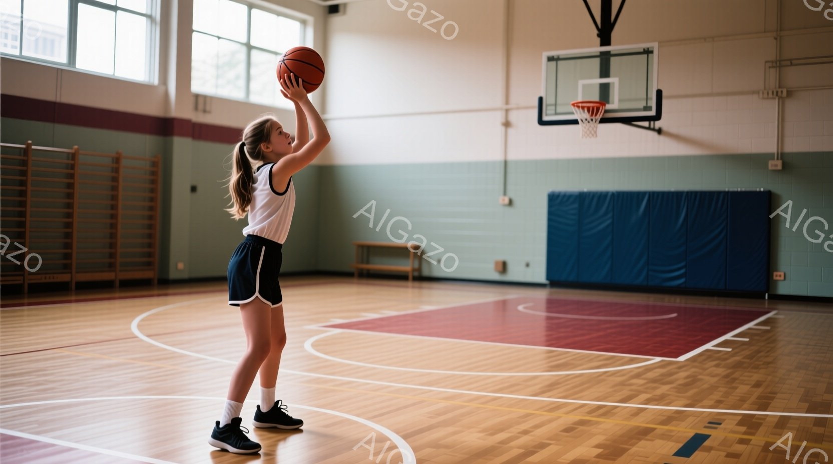 女子は体育館でバスケットボールを構え、シュートを打とうとしています。彼女は白のタンクトップと紺色の短いスポーツパンツ、白いソックスと黒のスニーカーを履いており、髪は後ろでポニーテールに結ばれています。背景にはバスケットボールのゴール、パステルブルーの壁、そして体育館の設備が見え、静かで集中した雰囲気が漂っています。