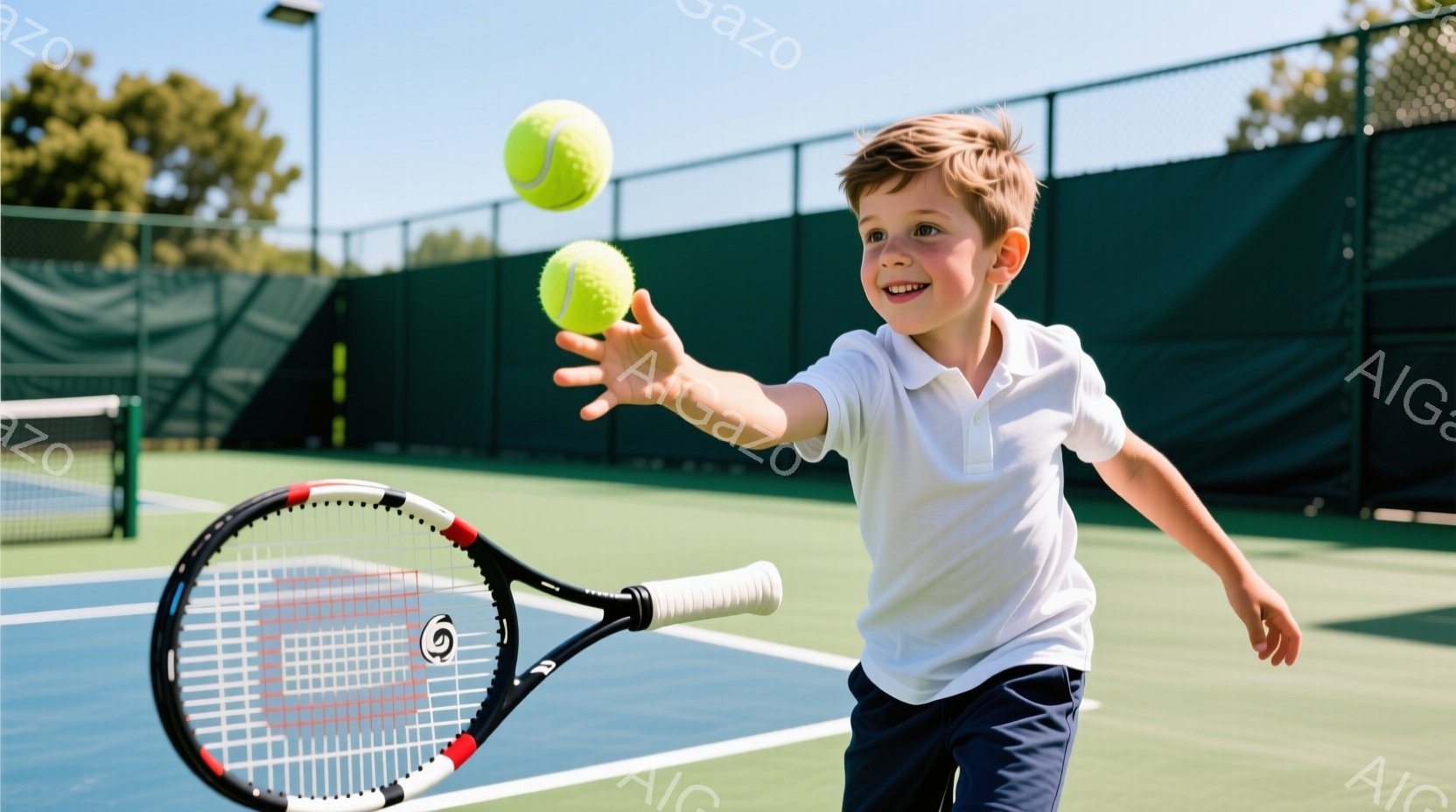 少年はテニスコートでテニスボールを片手でキャッチしようとしています。白のポロシャツと濃い青色のショーツ姿で、明るい笑顔を浮かべており、少し無造作な茶色の髪が特徴的です。背景には緑色のコートとフェンス、そして晴天の下の青空が見え、活気のあるテニスを楽しむ雰囲気が伝わってきます。