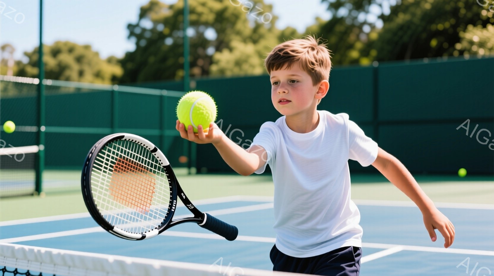 少年はテニスコートでテニスボールを片手で持っており、もう一方の手にはテニスラケットを持っています。彼は白いTシャツと紺色のショーツを着ており、短く整髪された茶色の髪をしています。背景は緑色のフェンスに囲まれたテニスコートで、晴天の青空が広がっており、爽やかな雰囲気です。