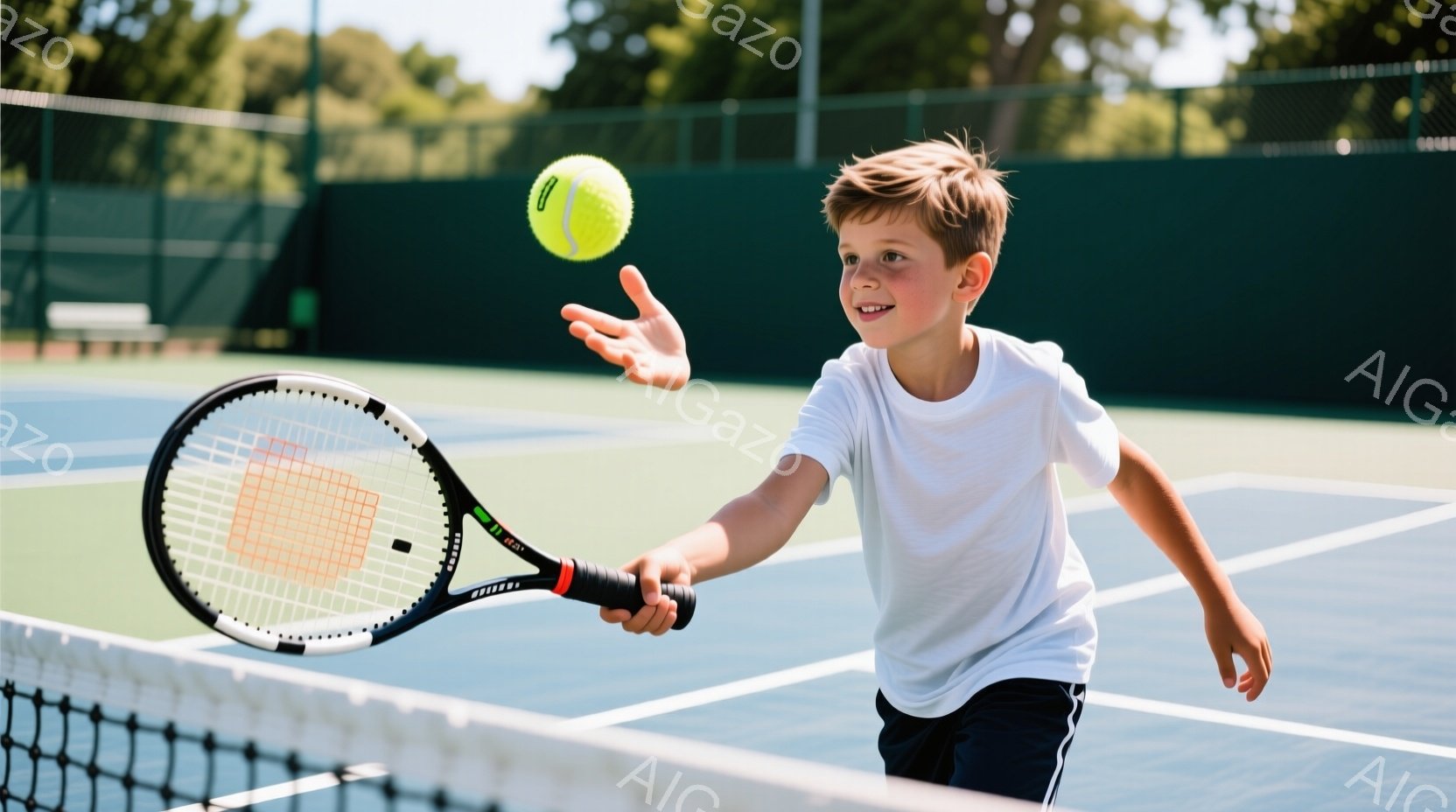 少年はテニスラケットを握り、高く放り投げたボールを見上げています。白いTシャツと紺色のショーツ姿で、明るい笑顔を浮かべており、活発な様子が伝わってきます。背景には緑色のコートとネット、そして晴れた空と緑豊かな木々があり、爽やかな屋外の雰囲気が漂っています。
