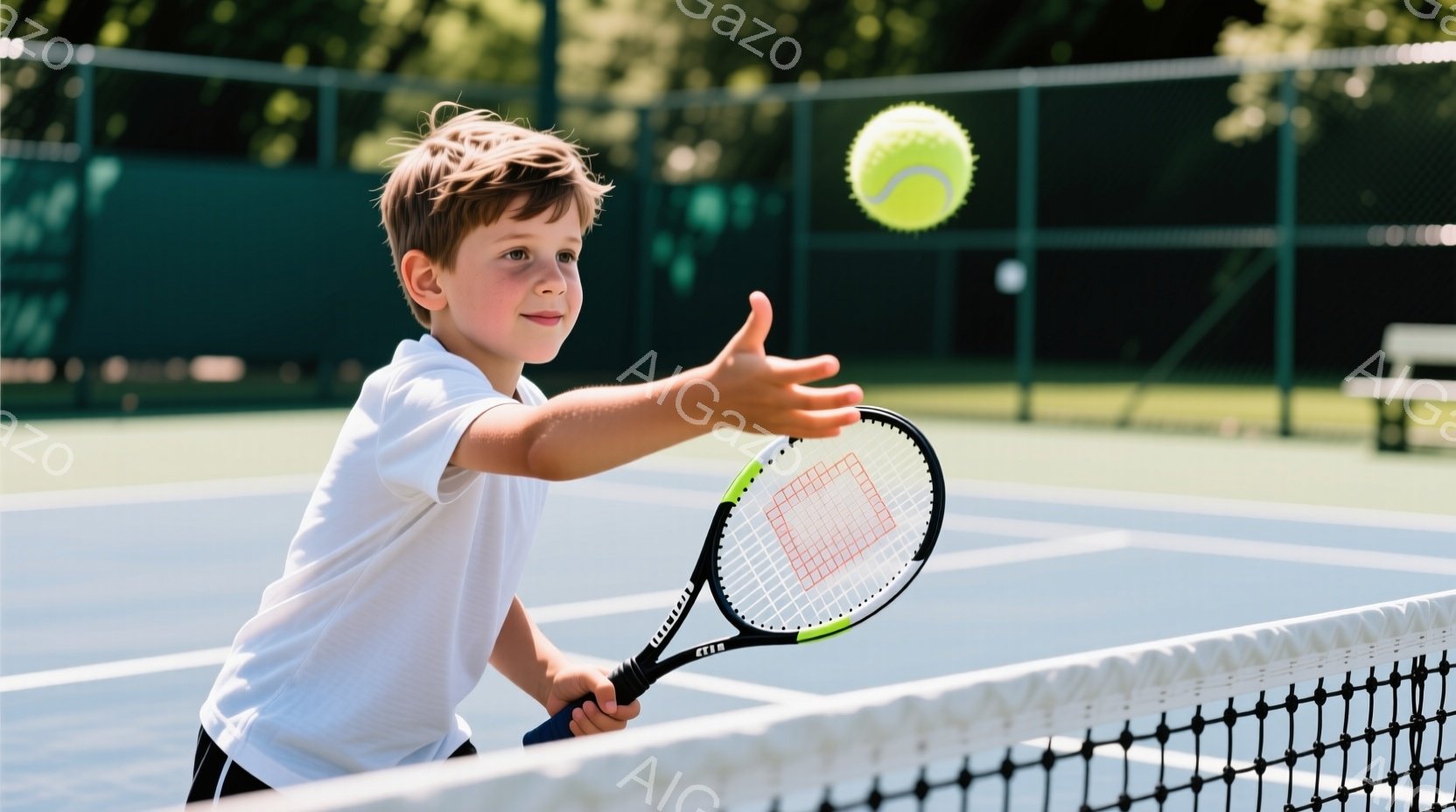 少年はテニスラケットを構え、テニスボールを打とうとしているところです。彼は白いTシャツと黒いショーツを着用し、少しカールした茶色の髪をしています。背景は青いテニスコートで、ネット越しには緑豊かな木々が見え、晴れた日の明るい雰囲気です。